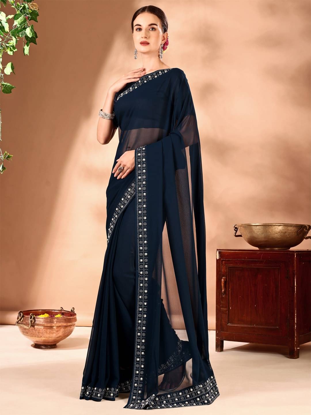 Vibhagyaa Chiffon Embellished Saree With Unstitched Blouse Piece ( Blue ) Vibhagyaa Chiffon Embellished Saree With Unstitched Blouse Piece ( Blue )
