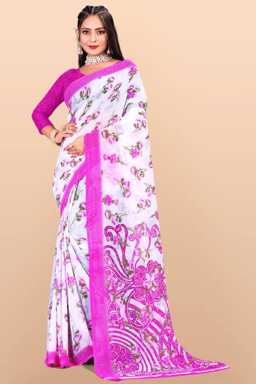     			Vibhagyaa Chiffon Printed Saree With Unstitched Blouse Piece ( Pink )