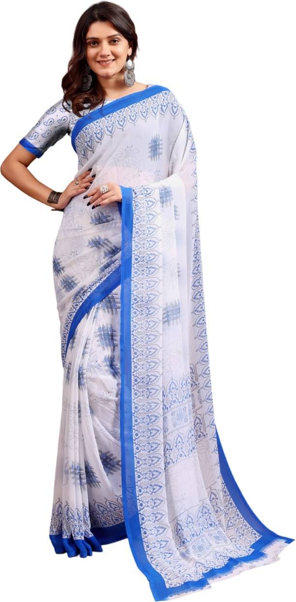Vibhagyaa Chiffon Printed Saree With Unstitched Blouse Piece ( White ) Vibhagyaa Chiffon Printed Saree With Unstitched Blouse Piece ( White )