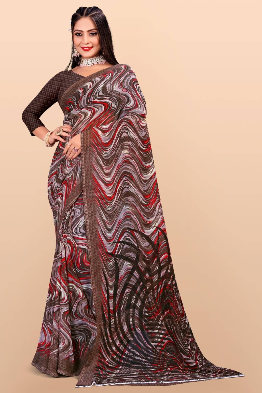 Vibhagyaa Chiffon Printed Saree With Unstitched Blouse Piece ( Brown ) Vibhagyaa Chiffon Printed Saree With Unstitched Blouse Piece ( Brown )