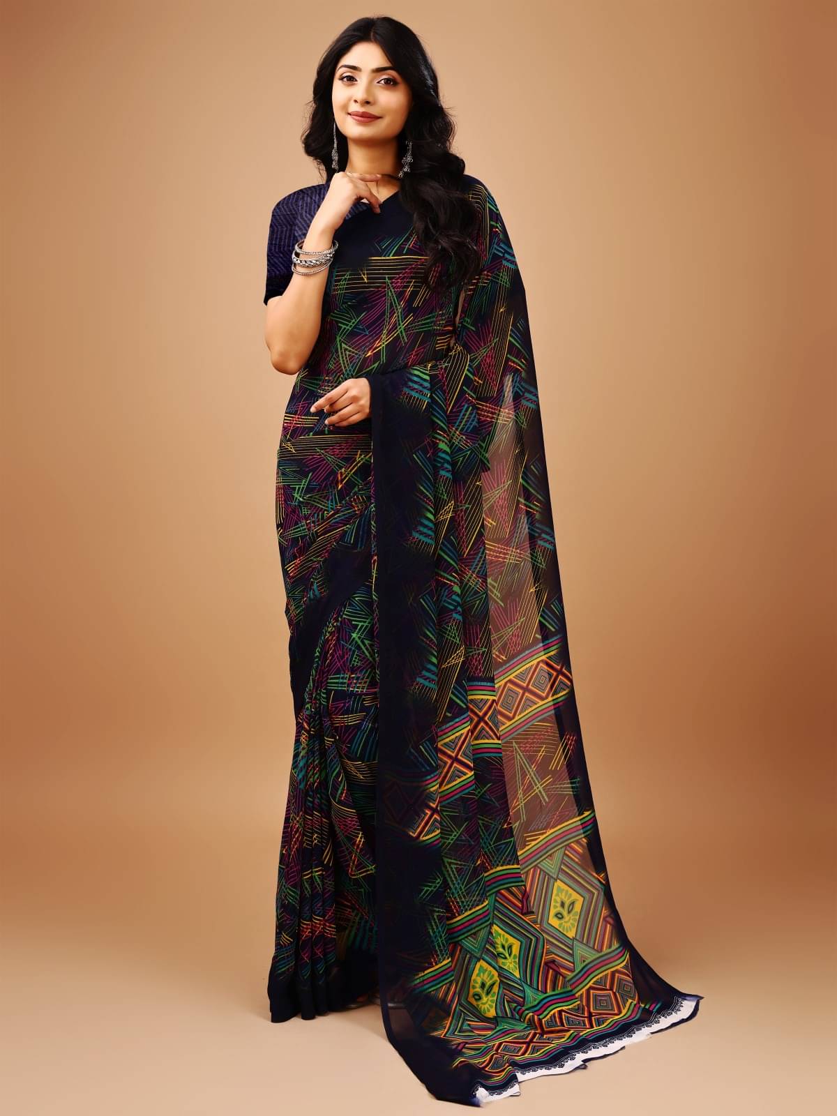 Vibhagyaa Chiffon Printed Saree With Unstitched Blouse Piece ( Blue ) Vibhagyaa Chiffon Printed Saree With Unstitched Blouse Piece ( Blue )