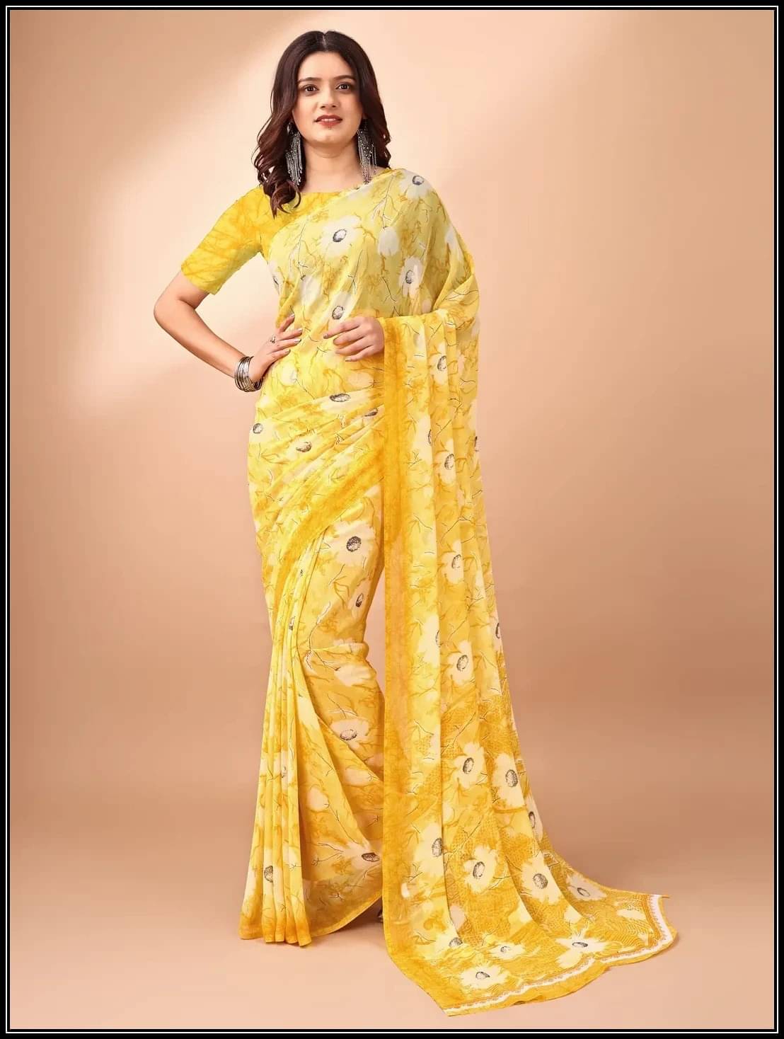Vibhagyaa Chiffon Printed Saree With Unstitched Blouse Piece ( Yellow ) Vibhagyaa Chiffon Printed Saree With Unstitched Blouse Piece ( Yellow )