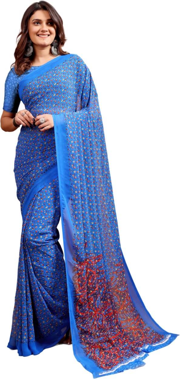     			Vibhagyaa Chiffon Printed Saree With Unstitched Blouse Piece ( Blue )