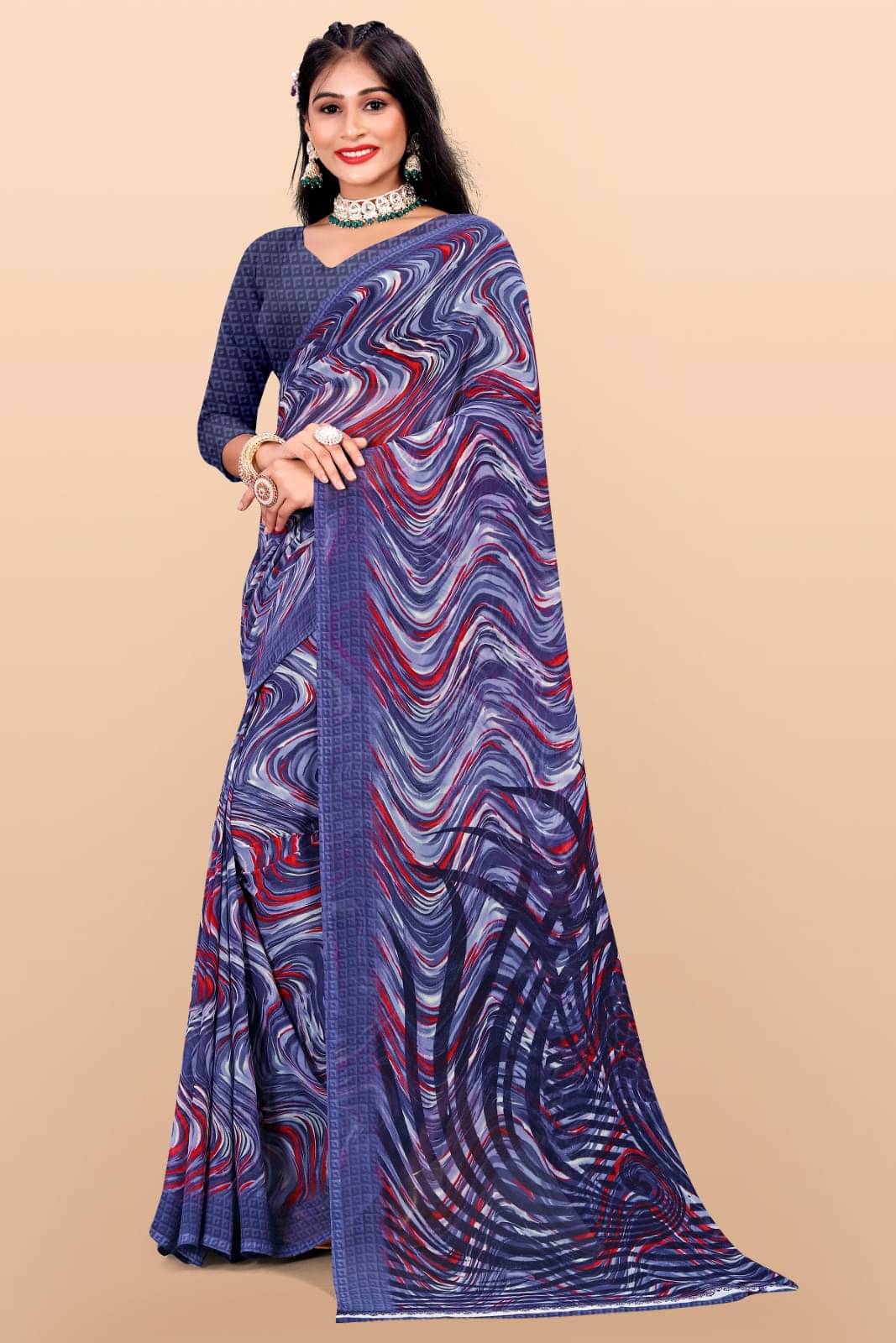 Vibhagyaa Chiffon Printed Saree With Unstitched Blouse Piece ( Blue ) Vibhagyaa Chiffon Printed Saree With Unstitched Blouse Piece ( Blue )