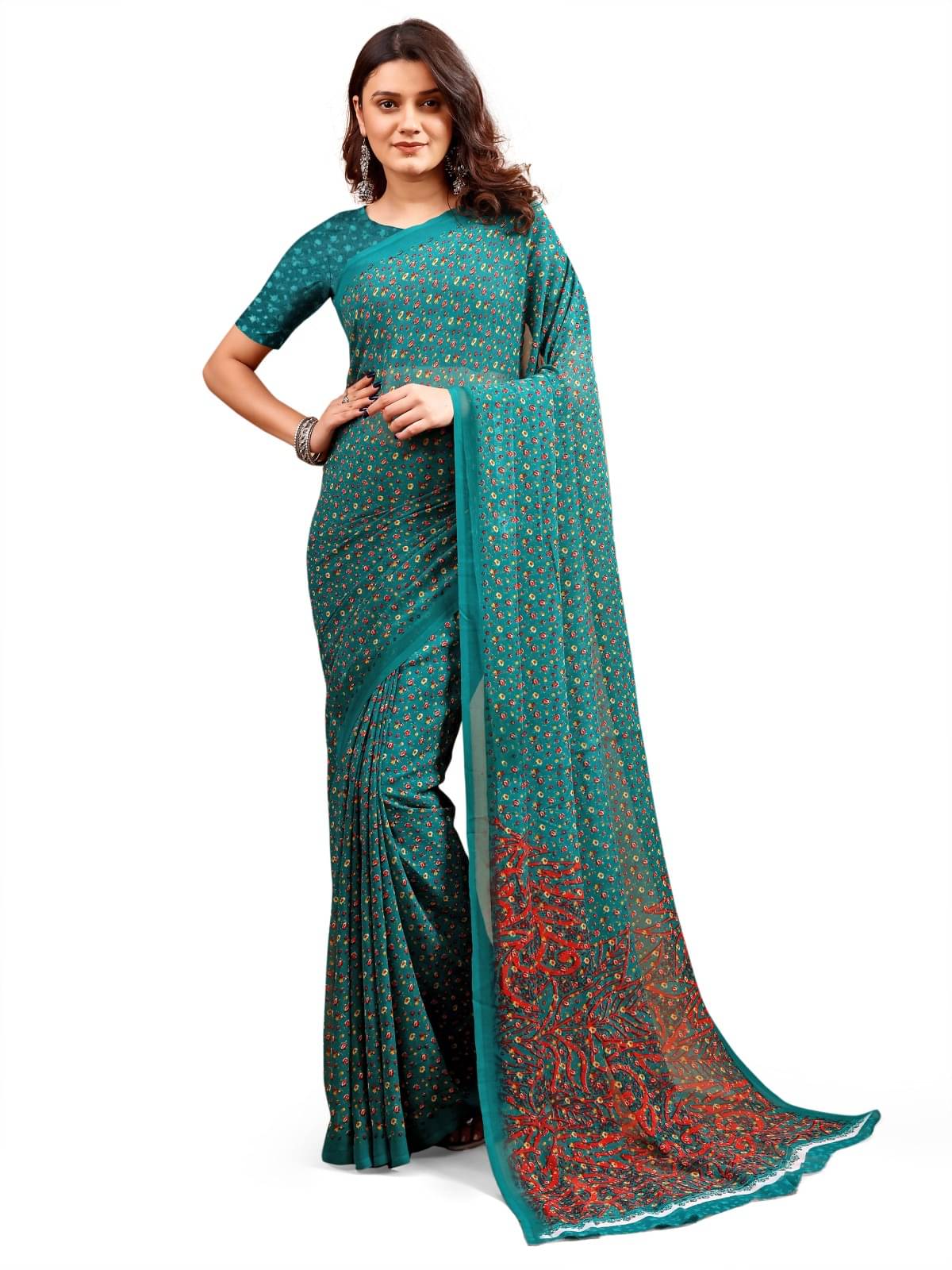 Vibhagyaa Chiffon Printed Saree With Unstitched Blouse Piece ( Green ) Vibhagyaa Chiffon Printed Saree With Unstitched Blouse Piece ( Green )