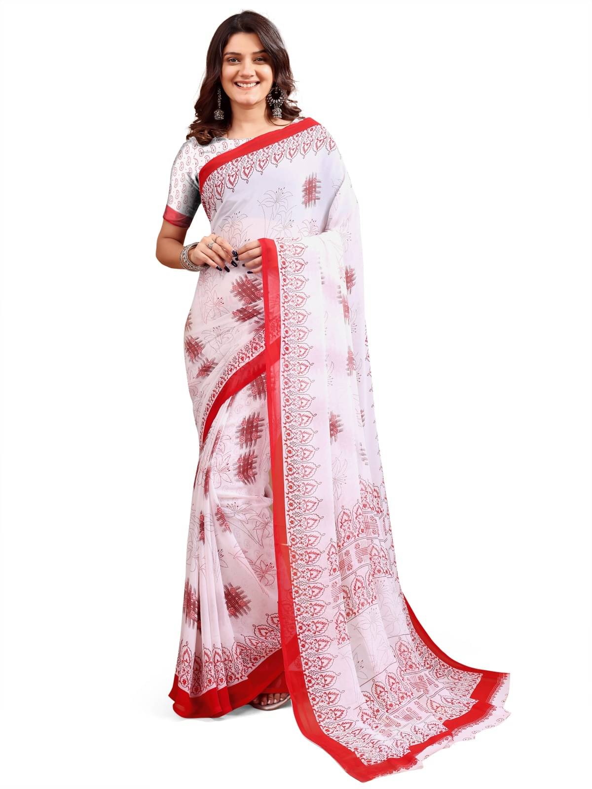 Vibhagyaa Chiffon Printed Saree With Unstitched Blouse Piece ( Red ) Vibhagyaa Chiffon Printed Saree With Unstitched Blouse Piece ( Red )