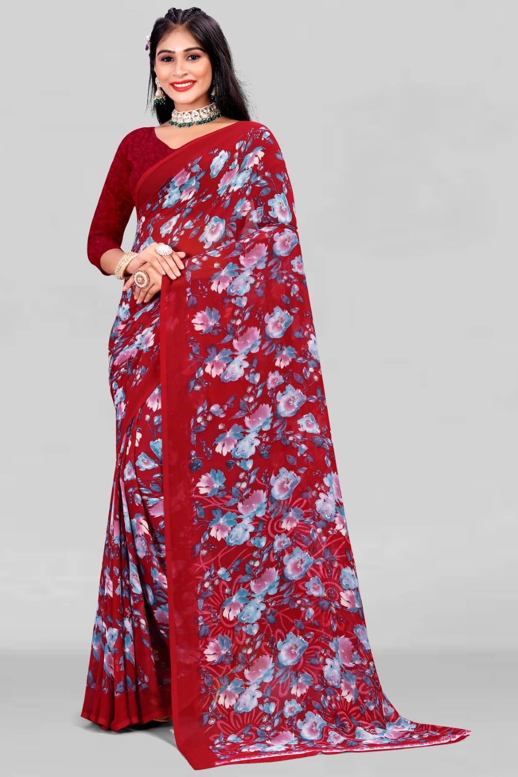     			Vibhagyaa Chiffon Printed Saree With Unstitched Blouse Piece ( Maroon )