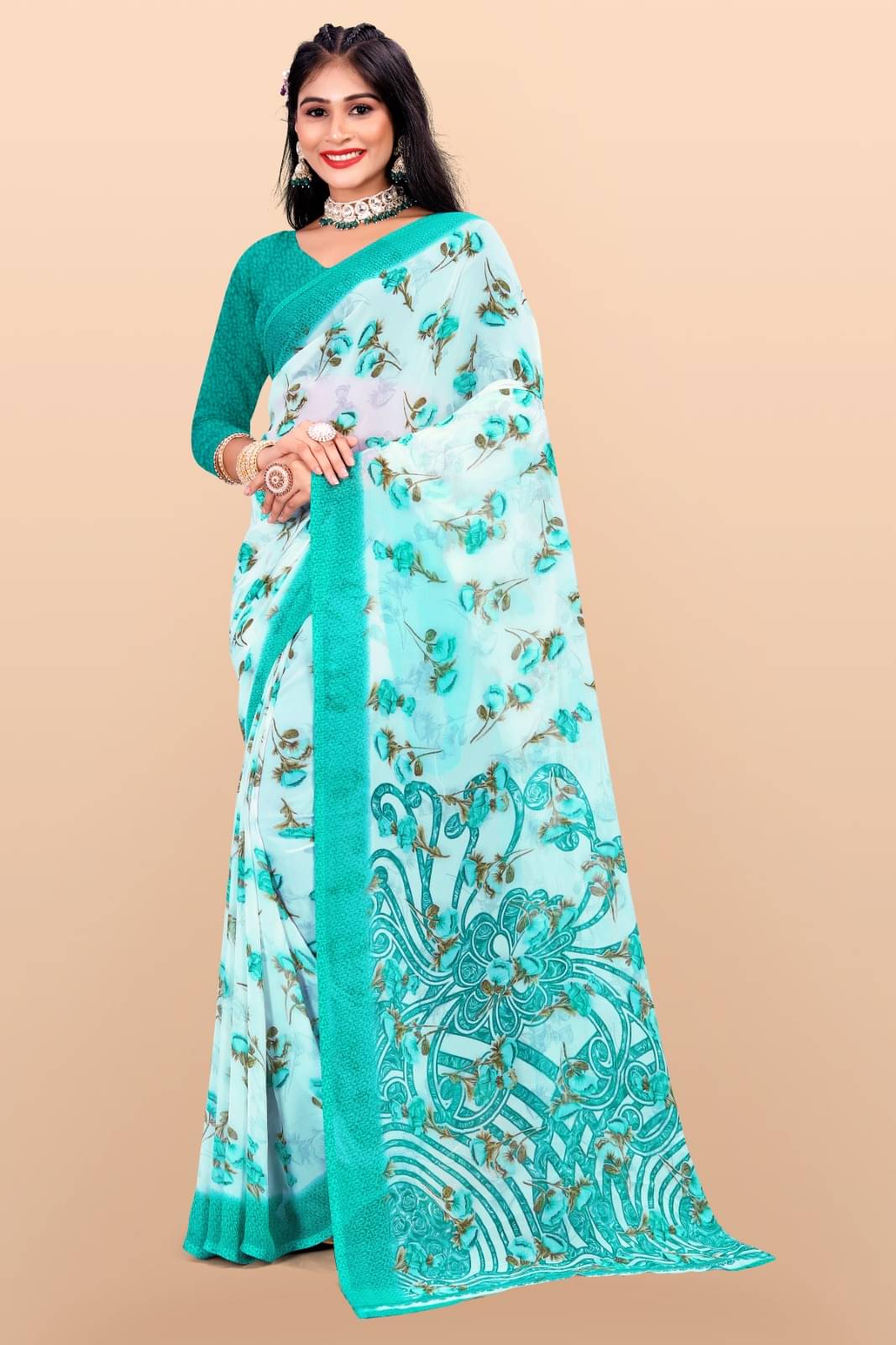     			Vibhagyaa Chiffon Printed Saree With Unstitched Blouse Piece ( Blue )