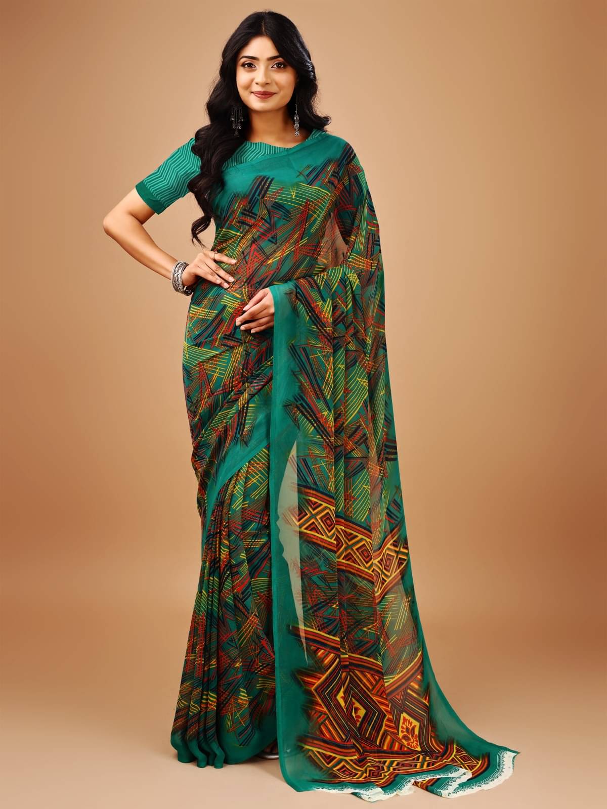 Vibhagyaa Chiffon Printed Saree With Unstitched Blouse Piece ( Multicolor ) Vibhagyaa Chiffon Printed Saree With Unstitched Blouse Piece ( Multicolor )