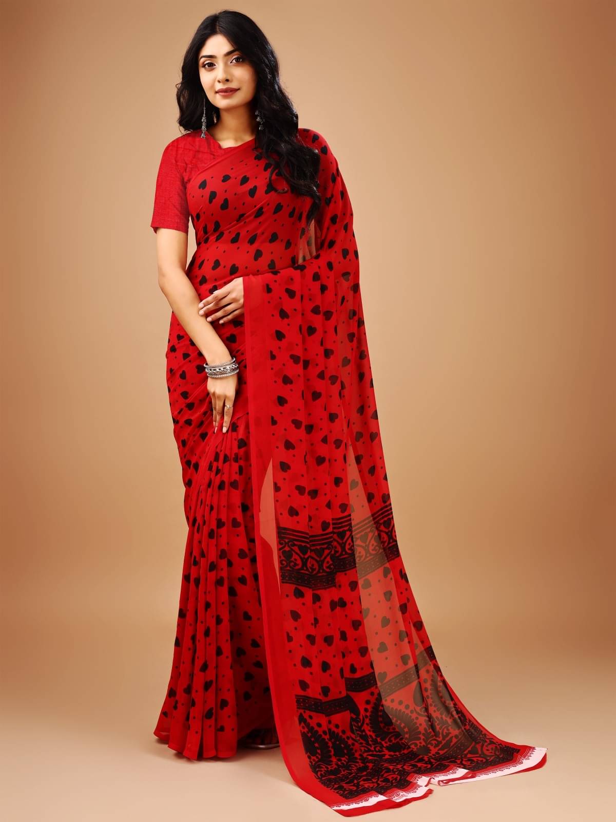     			Vibhagyaa Chiffon Printed Saree With Unstitched Blouse Piece ( Red )