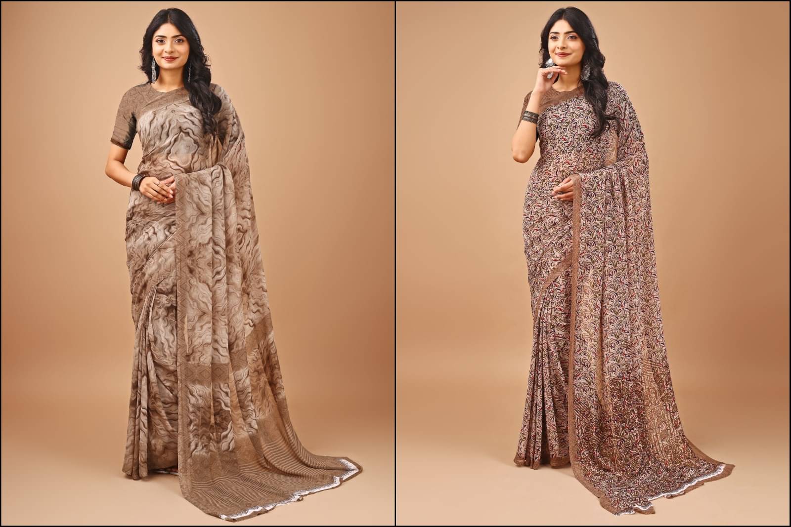Vibhagyaa Chiffon Printed Saree With Unstitched Blouse Piece ( Brown ) Vibhagyaa Chiffon Printed Saree With Unstitched Blouse Piece ( Brown )