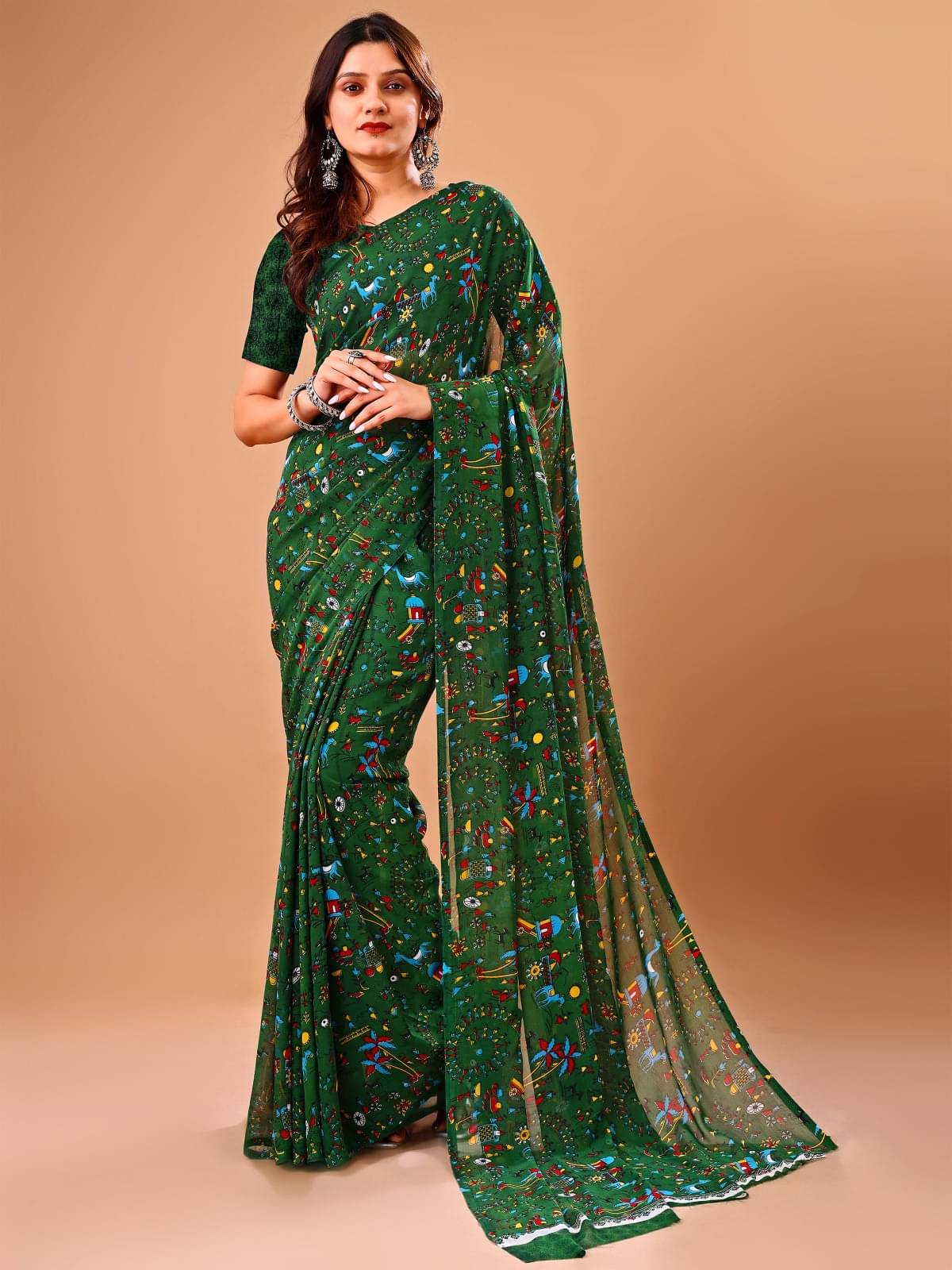 Vibhagyaa Chiffon Printed Saree With Unstitched Blouse Piece ( Green ) Vibhagyaa Chiffon Printed Saree With Unstitched Blouse Piece ( Green )