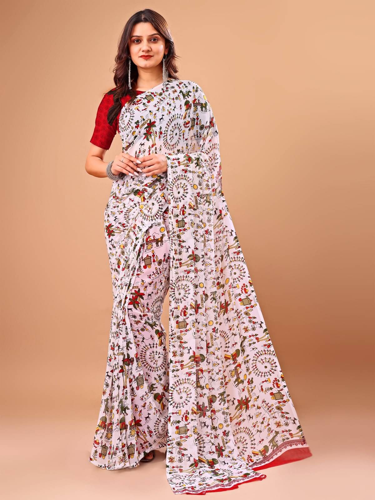 Vibhagyaa Chiffon Printed Saree With Unstitched Blouse Piece ( White ) Vibhagyaa Chiffon Printed Saree With Unstitched Blouse Piece ( White )