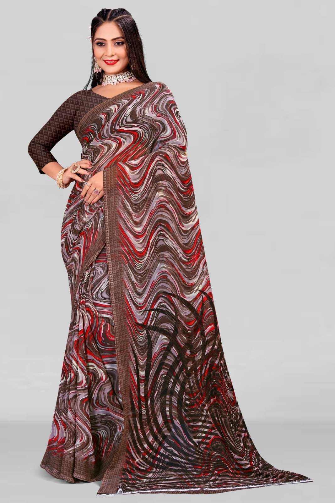 Vibhagyaa Chiffon Printed Saree With Unstitched Blouse Piece ( Brown ) Vibhagyaa Chiffon Printed Saree With Unstitched Blouse Piece ( Brown )