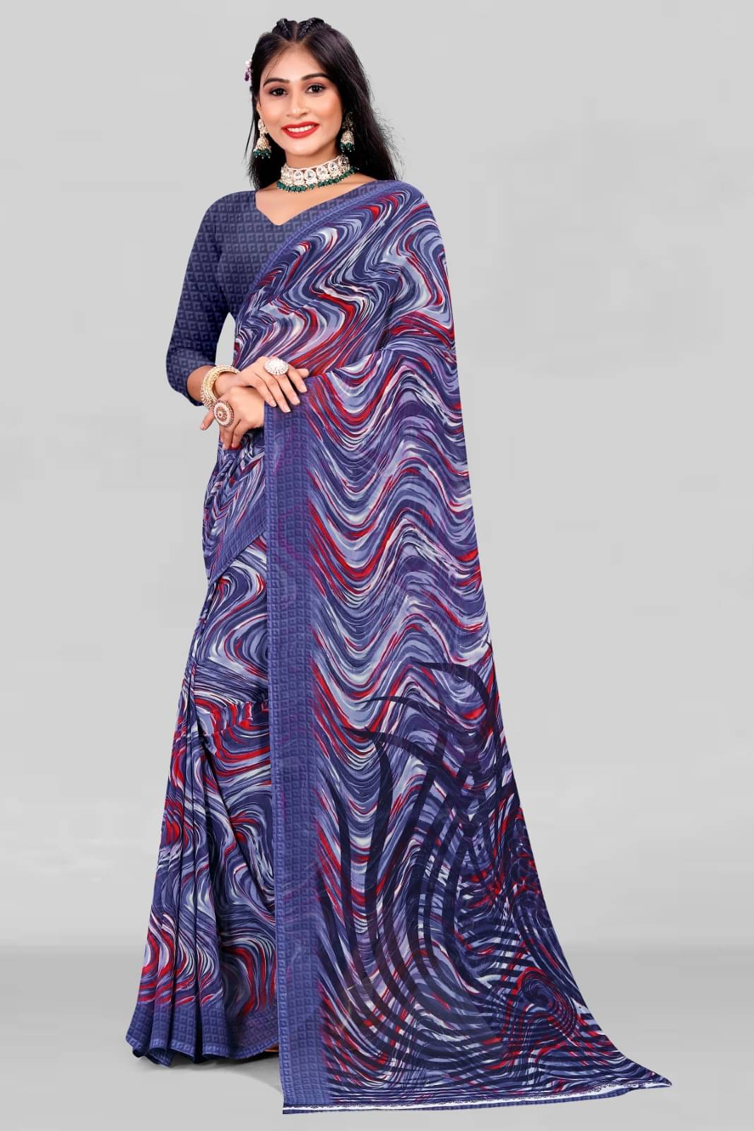 Vibhagyaa Chiffon Printed Saree With Unstitched Blouse Piece ( Blue ) Vibhagyaa Chiffon Printed Saree With Unstitched Blouse Piece ( Blue )