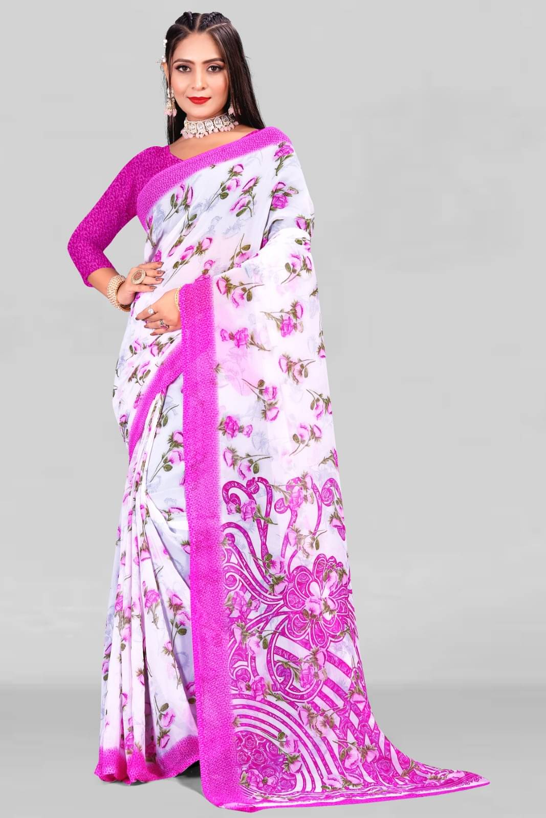 Vibhagyaa Chiffon Printed Saree With Unstitched Blouse Piece ( Pink ) Vibhagyaa Chiffon Printed Saree With Unstitched Blouse Piece ( Pink )