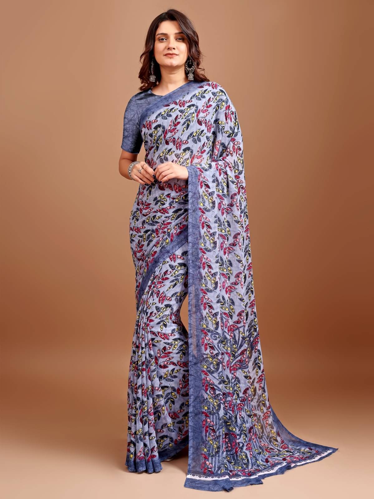 Vibhagyaa Chiffon Printed Saree With Unstitched Blouse Piece ( Blue ) Vibhagyaa Chiffon Printed Saree With Unstitched Blouse Piece ( Blue )