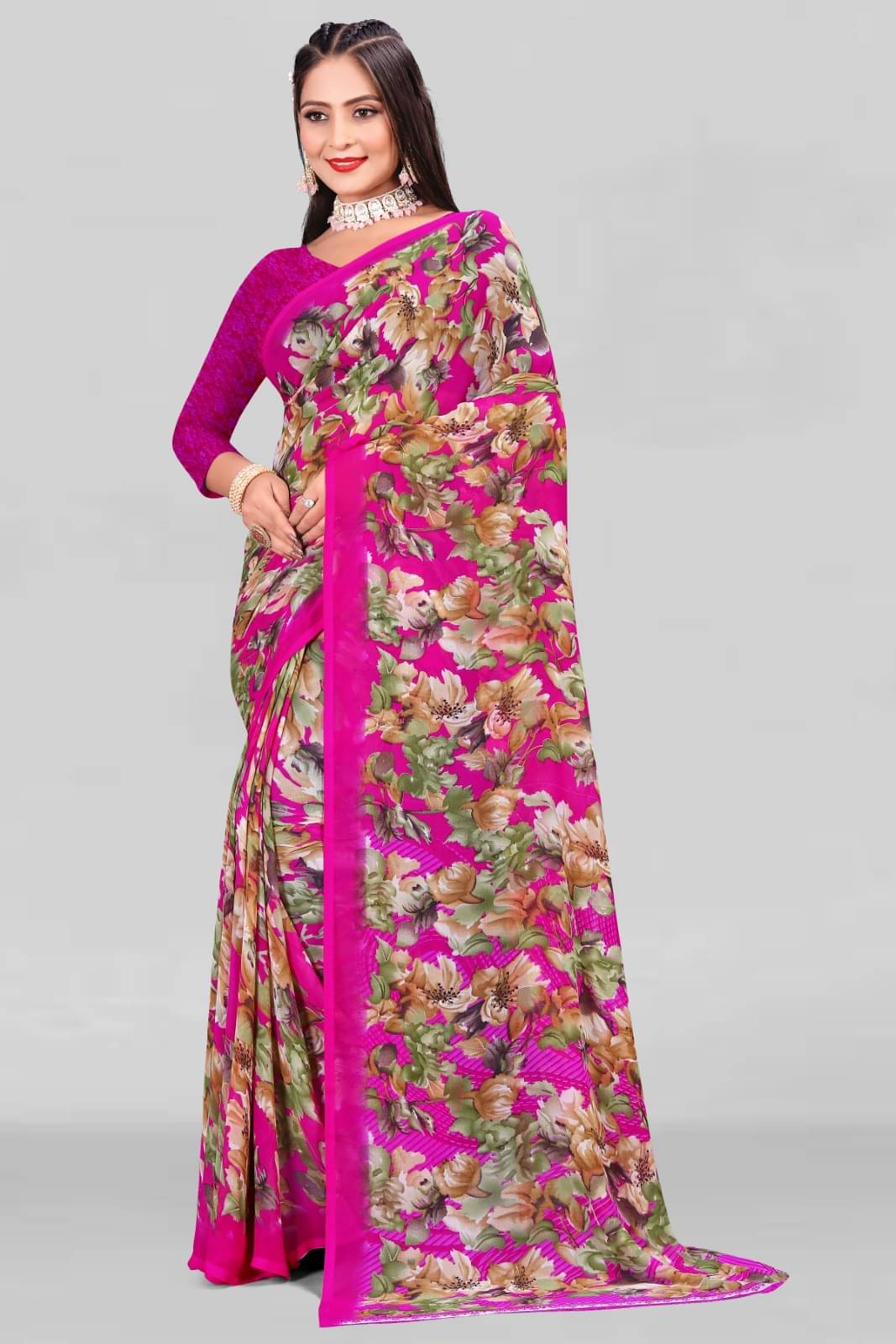 Vibhagyaa Chiffon Printed Saree With Unstitched Blouse Piece ( Pink ) Vibhagyaa Chiffon Printed Saree With Unstitched Blouse Piece ( Pink )