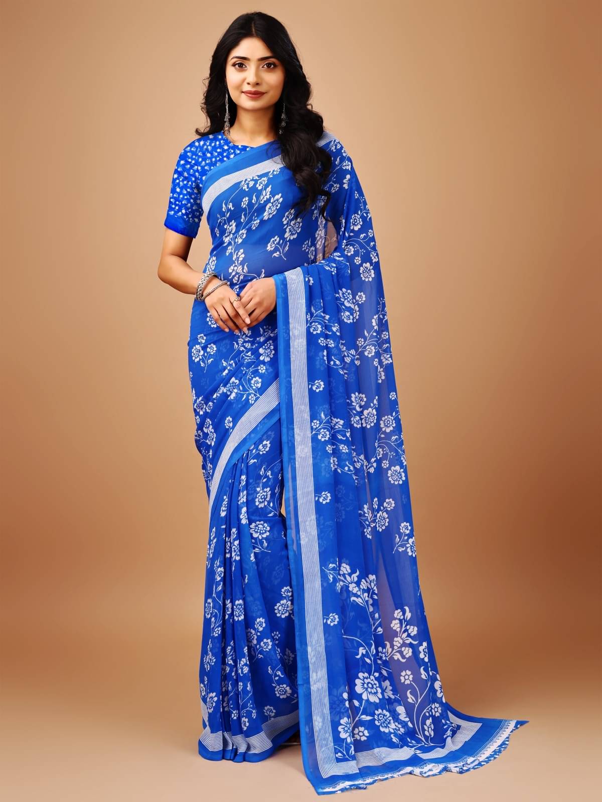 Vibhagyaa Chiffon Printed Saree With Unstitched Blouse Piece ( Blue ) Vibhagyaa Chiffon Printed Saree With Unstitched Blouse Piece ( Blue )