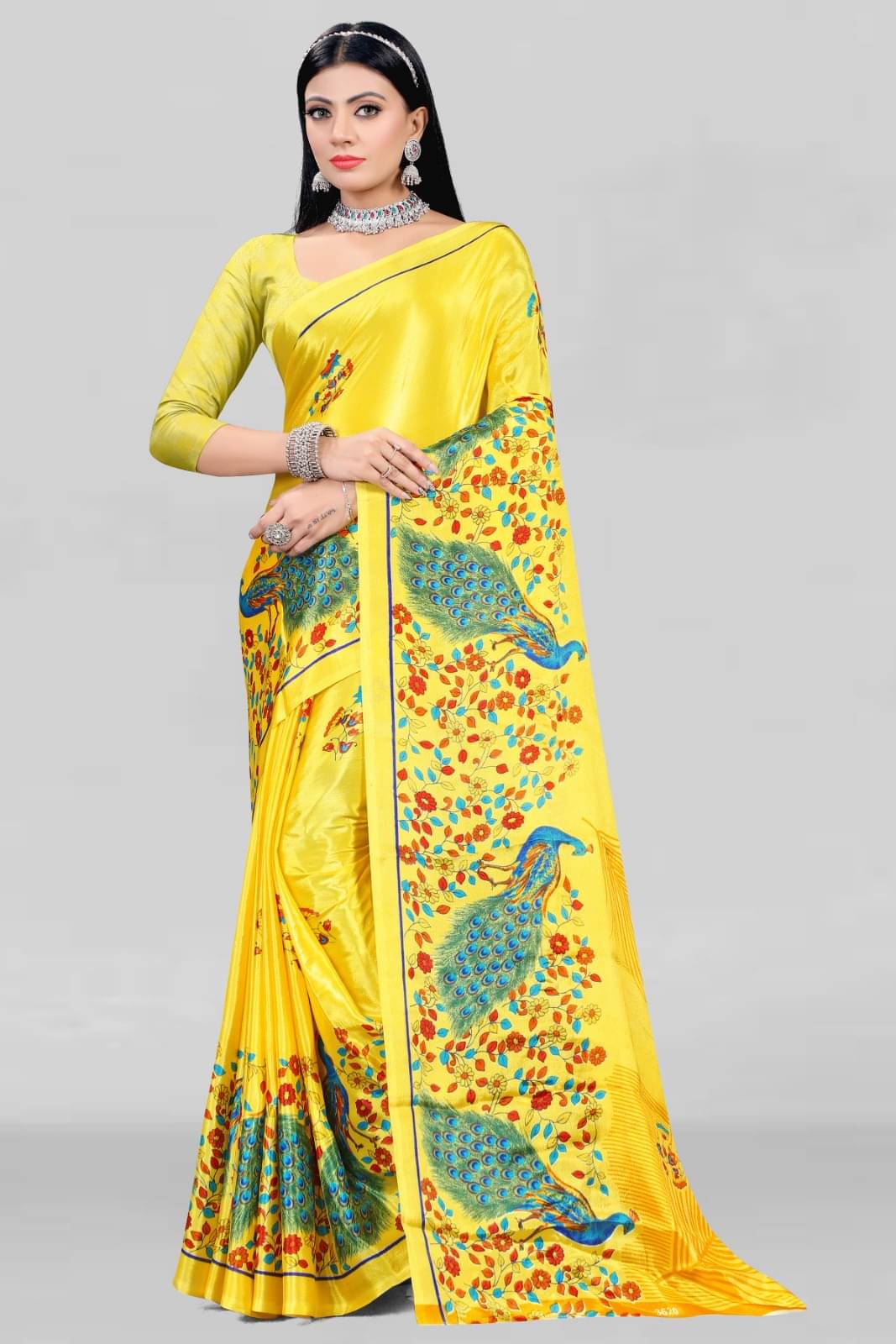     			Vibhagyaa Crepe Printed Saree With Unstitched Blouse Piece ( Yellow )