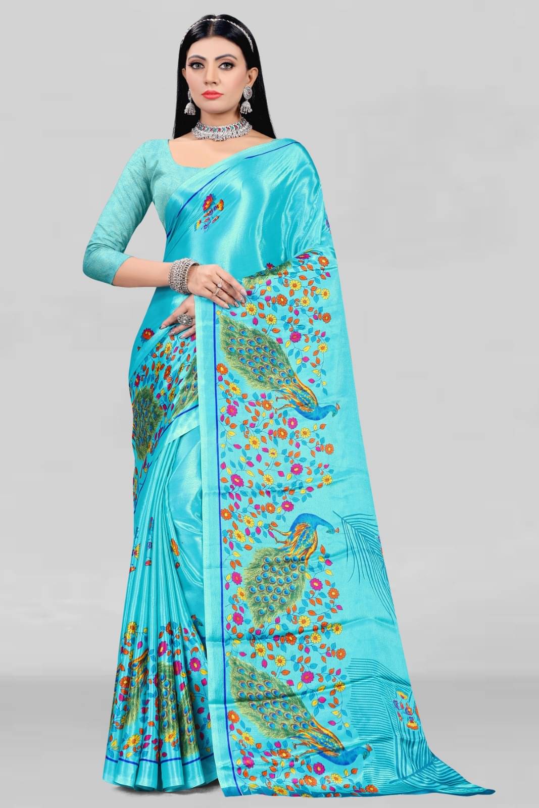 Vibhagyaa Crepe Printed Saree With Unstitched Blouse Piece ( Light Blue ) Vibhagyaa Crepe Printed Saree With Unstitched Blouse Piece ( Light Blue )