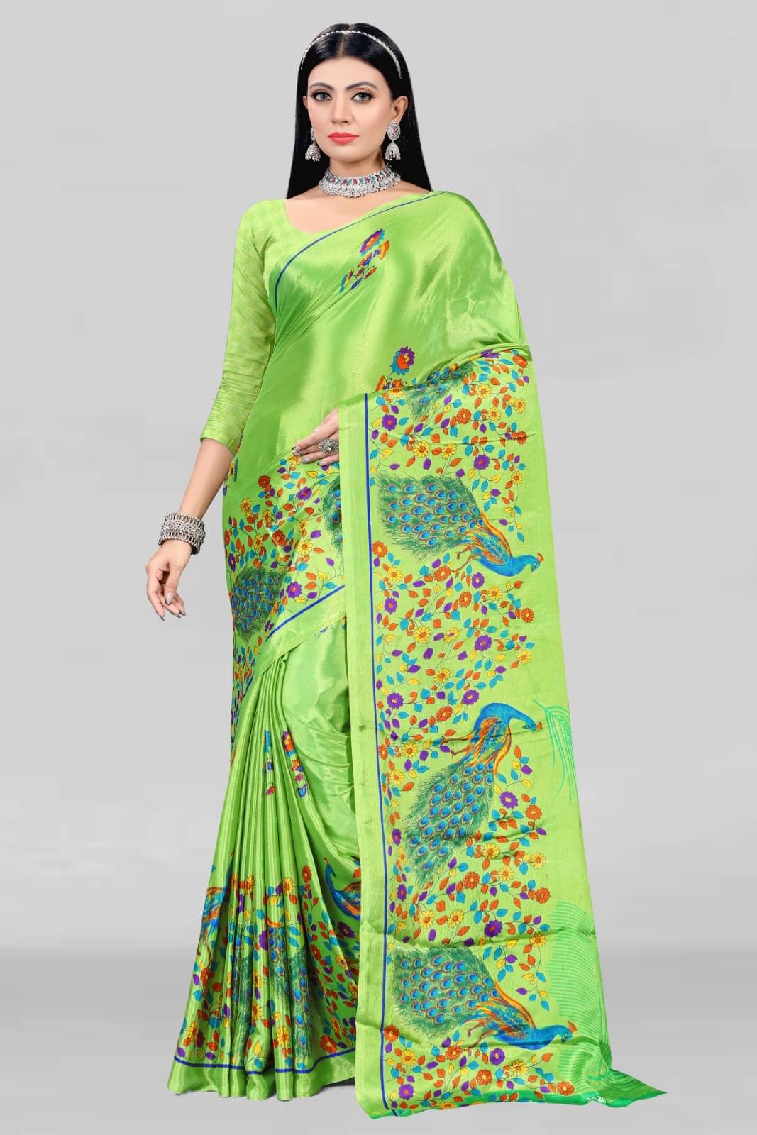    			Vibhagyaa Crepe Printed Saree With Unstitched Blouse Piece ( Light Green )