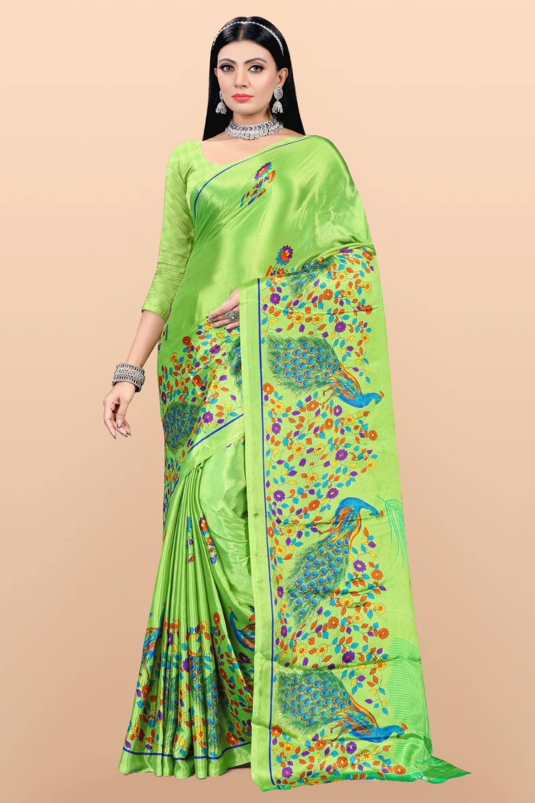     			Vibhagyaa Crepe Printed Saree With Unstitched Blouse Piece ( Light Green )