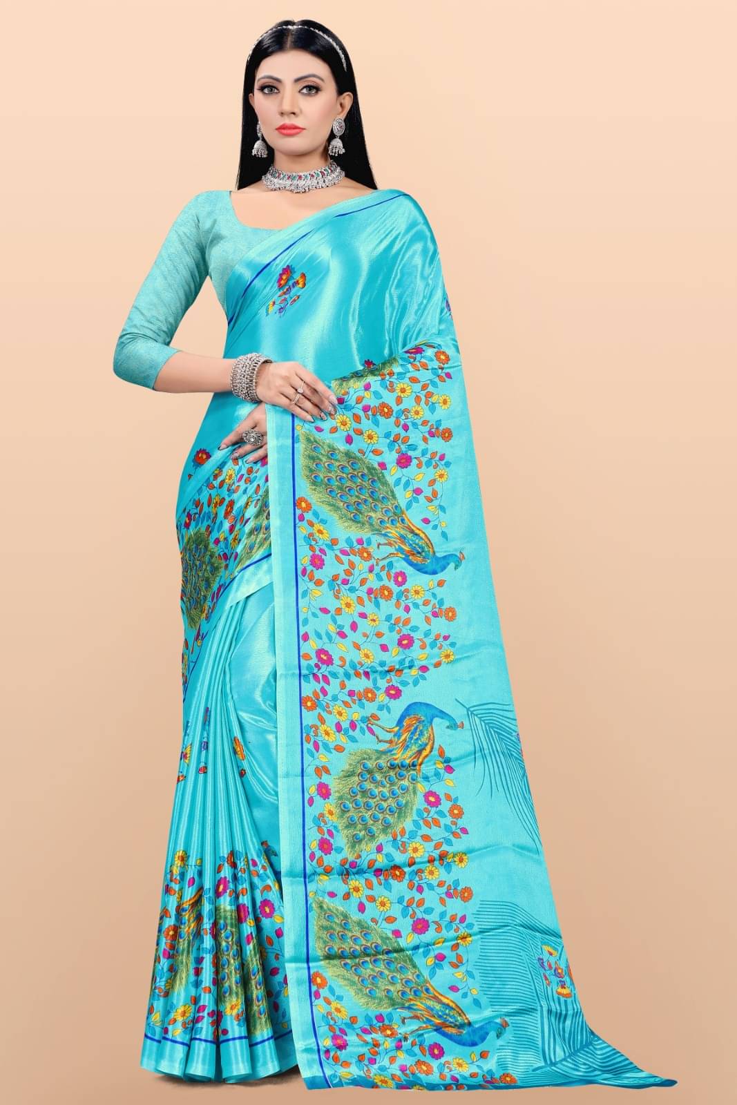 Vibhagyaa Crepe Printed Saree With Unstitched Blouse Piece ( Light Blue ) Vibhagyaa Crepe Printed Saree With Unstitched Blouse Piece ( Light Blue )