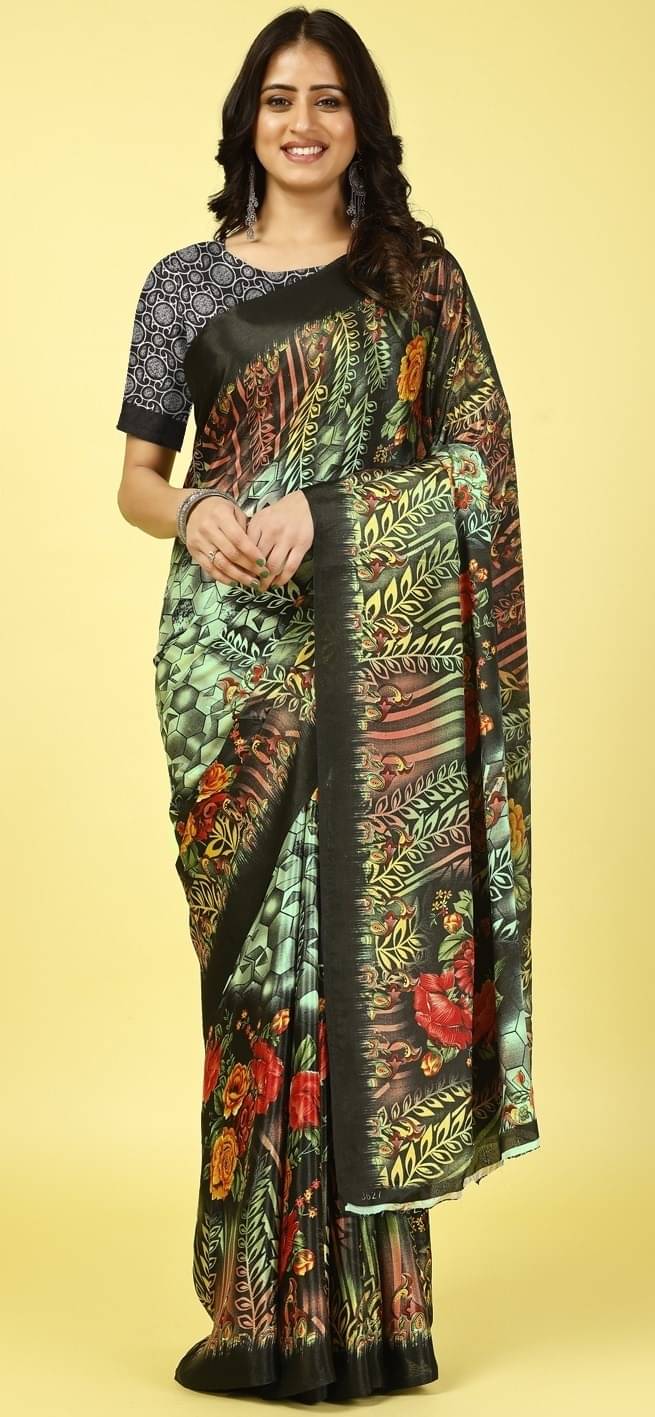 Vibhagyaa Crepe Printed Saree With Unstitched Blouse Piece ( Multicolor ) Vibhagyaa Crepe Printed Saree With Unstitched Blouse Piece ( Multicolor )