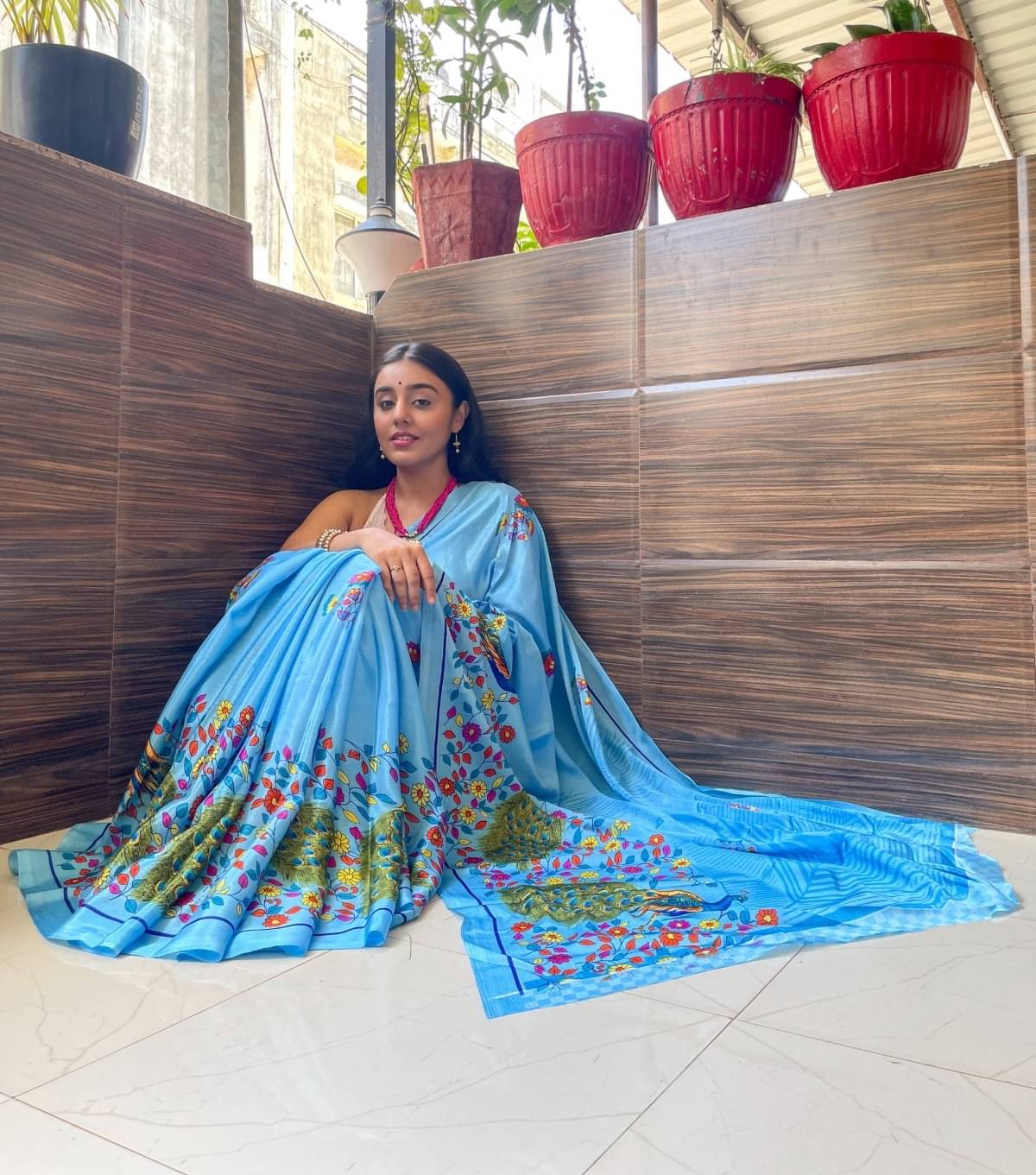     			Vibhagyaa Crepe Printed Saree With Unstitched Blouse Piece ( Light Blue )