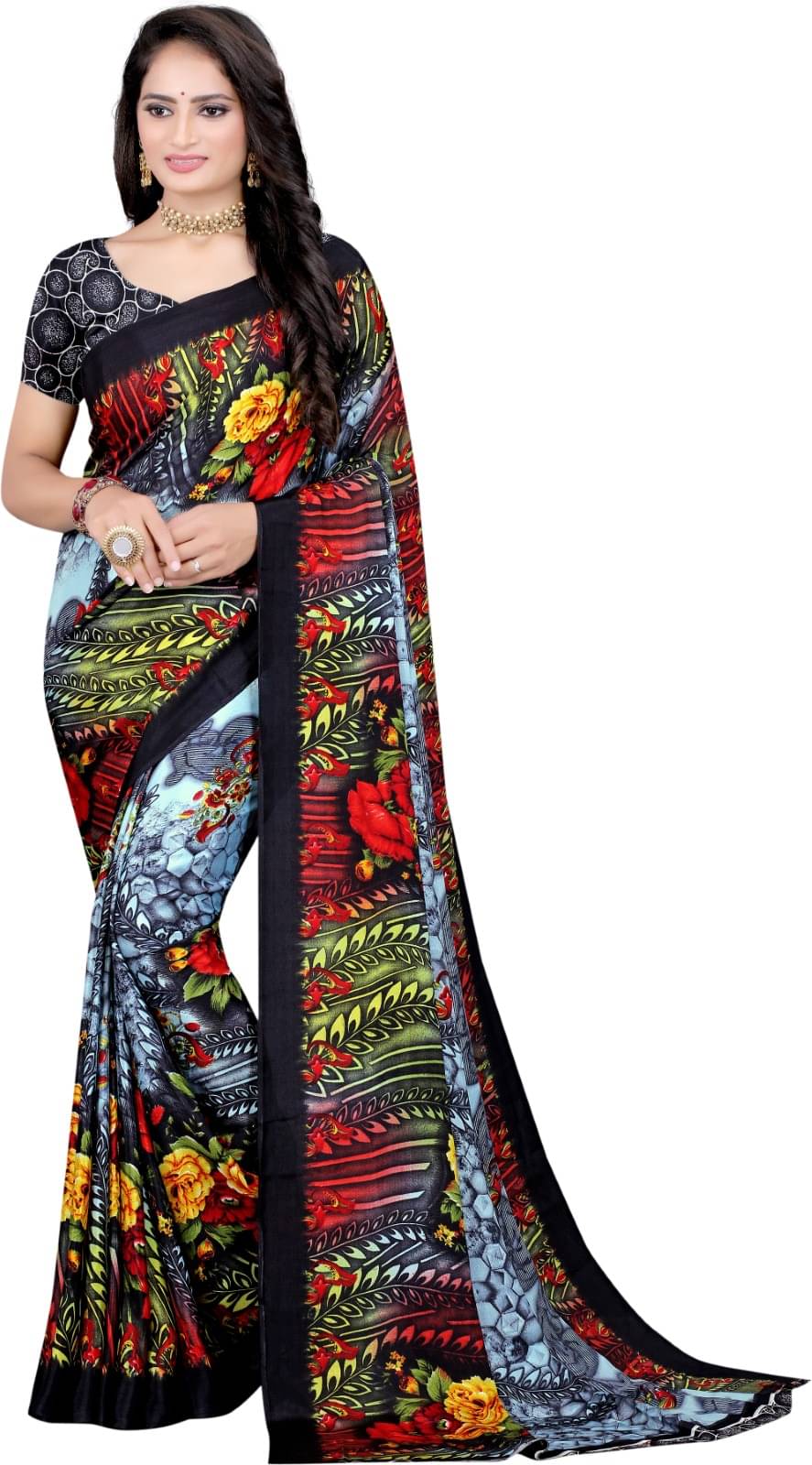 Vibhagyaa Crepe Printed Saree With Unstitched Blouse Piece ( Black ) Vibhagyaa Crepe Printed Saree With Unstitched Blouse Piece ( Black )