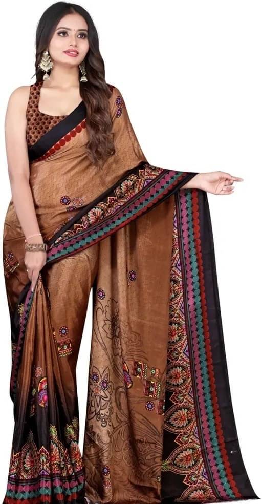     			Vibhagyaa Crepe Printed Saree With Unstitched Blouse Piece ( Brown )