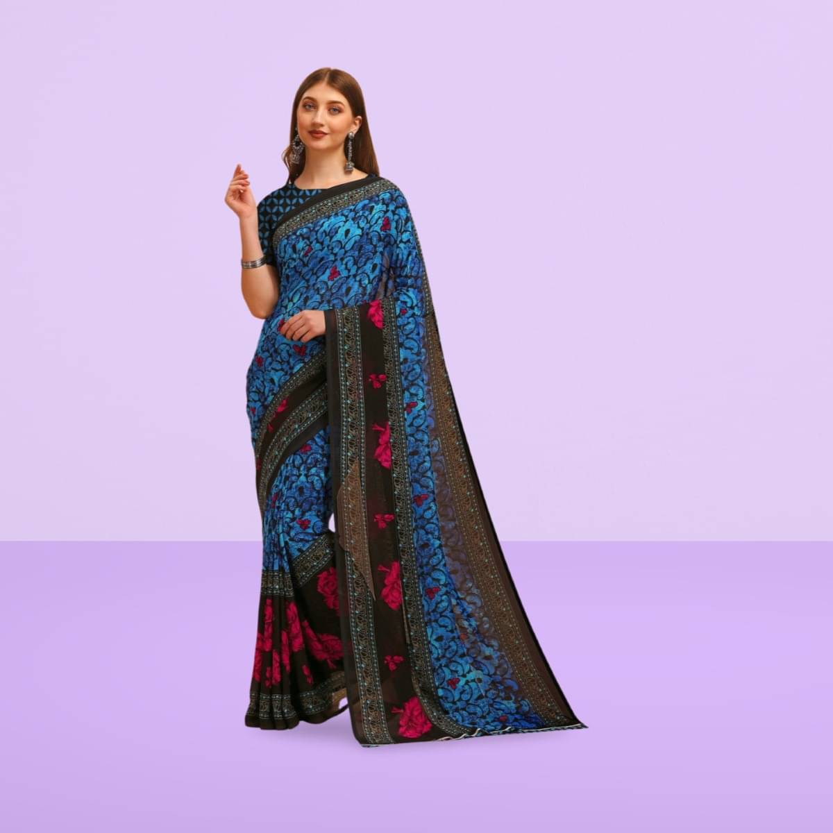 Vibhagyaa Georgette Printed Saree With Unstitched Blouse Piece ( Blue ) Vibhagyaa Georgette Printed Saree With Unstitched Blouse Piece ( Blue )