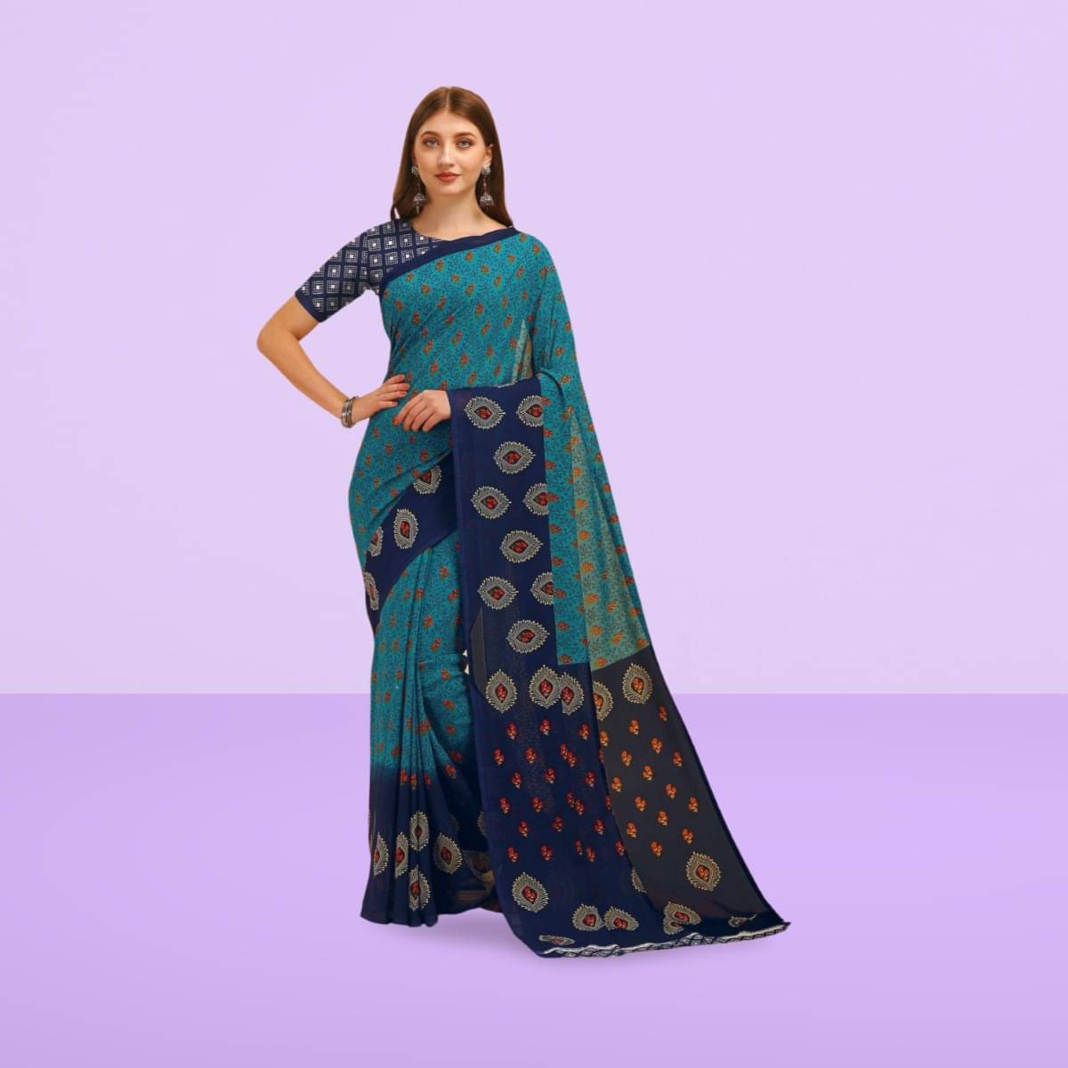Vibhagyaa Georgette Printed Saree With Unstitched Blouse Piece ( Blue ) Vibhagyaa Georgette Printed Saree With Unstitched Blouse Piece ( Blue )