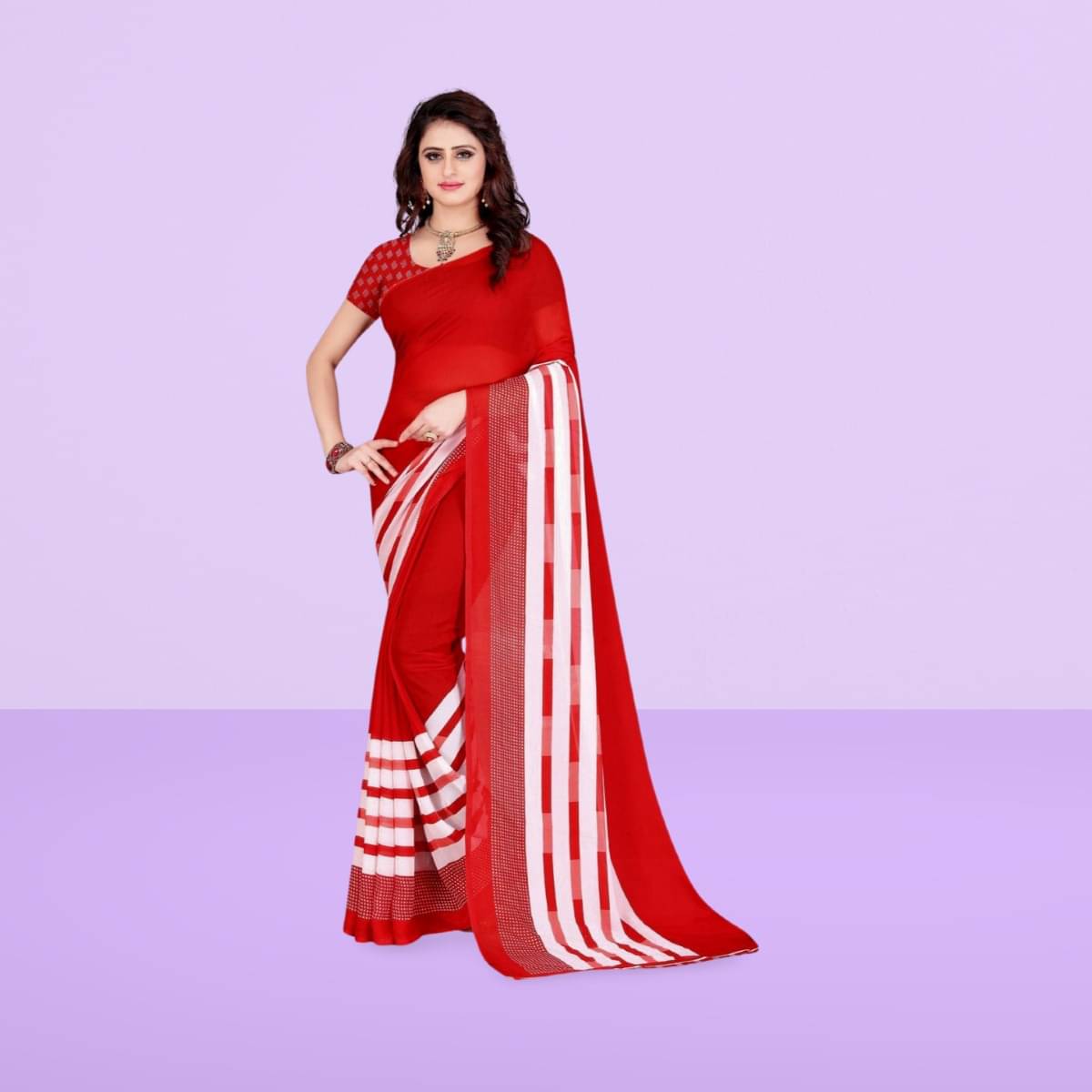 Vibhagyaa Georgette Printed Saree With Unstitched Blouse Piece ( Red ) Vibhagyaa Georgette Printed Saree With Unstitched Blouse Piece ( Red )