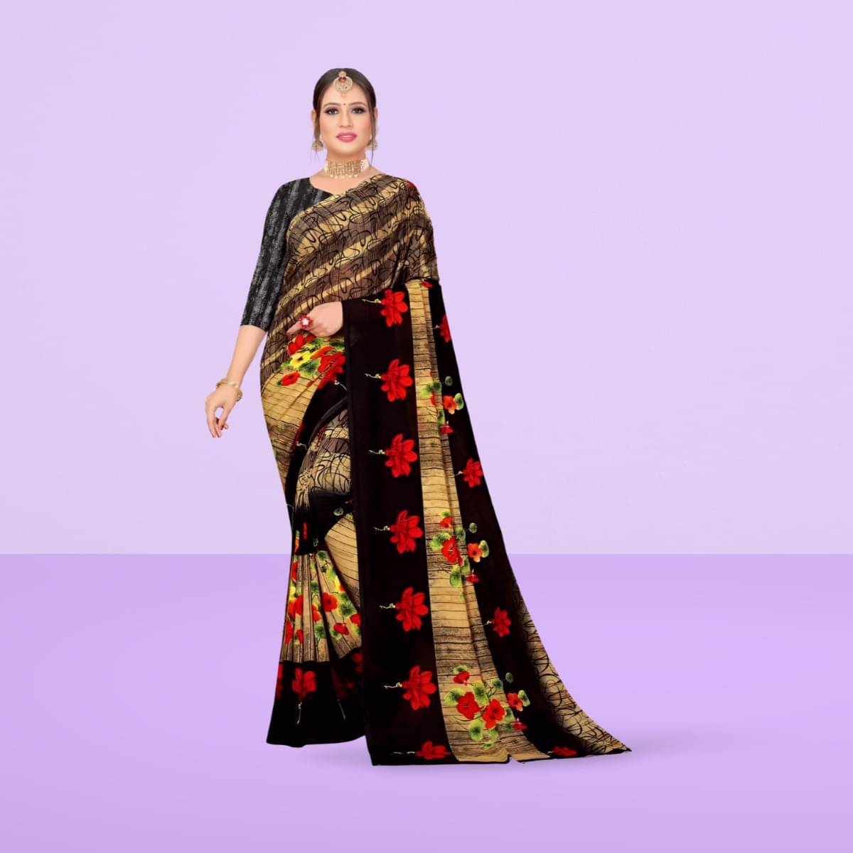 Vibhagyaa Georgette Printed Saree With Unstitched Blouse Piece ( Mustard ) Vibhagyaa Georgette Printed Saree With Unstitched Blouse Piece ( Mustard )