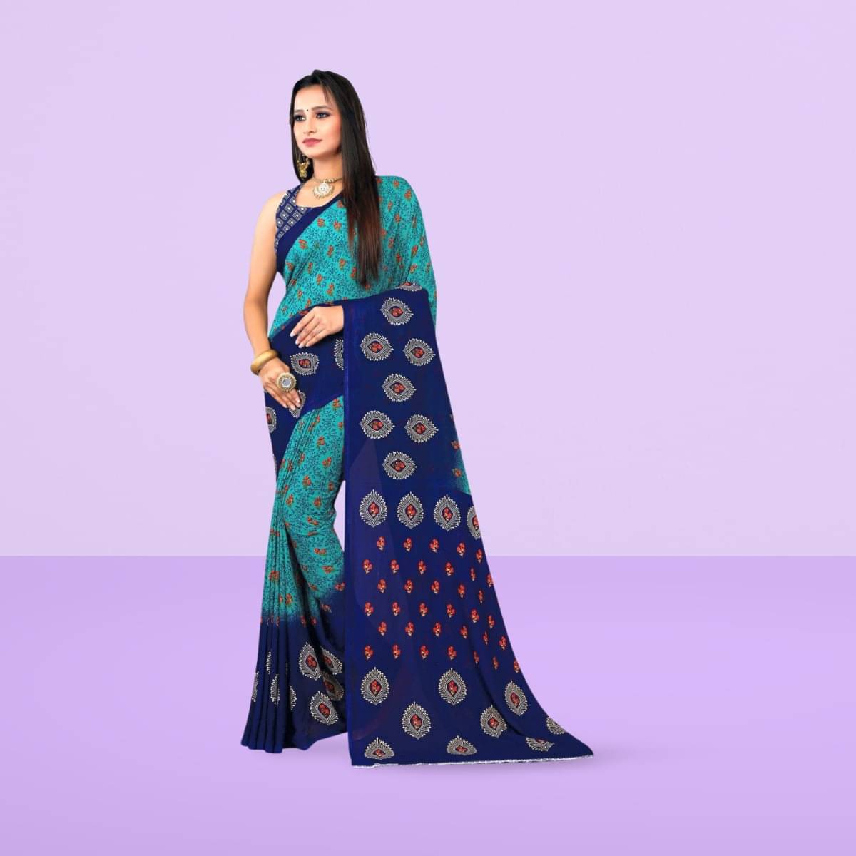 Vibhagyaa Georgette Printed Saree With Unstitched Blouse Piece ( Blue ) Vibhagyaa Georgette Printed Saree With Unstitched Blouse Piece ( Blue )