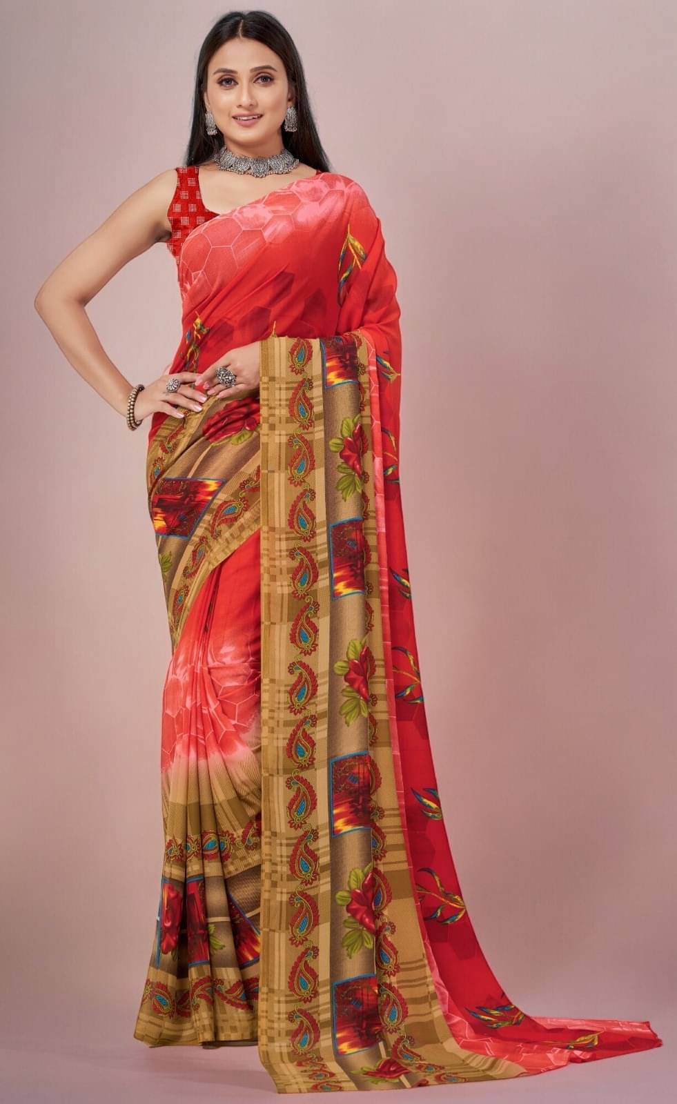 Vibhagyaa Georgette Printed Saree With Unstitched Blouse Piece ( Red ) Vibhagyaa Georgette Printed Saree With Unstitched Blouse Piece ( Red )
