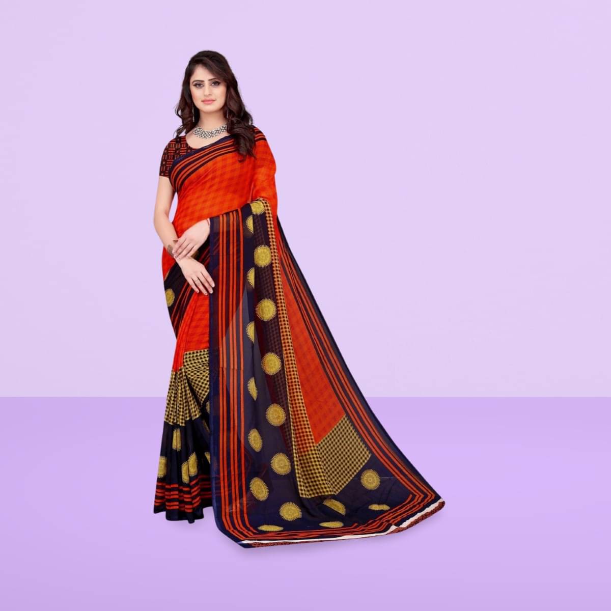     			Vibhagyaa Georgette Printed Saree With Unstitched Blouse Piece ( Orange )