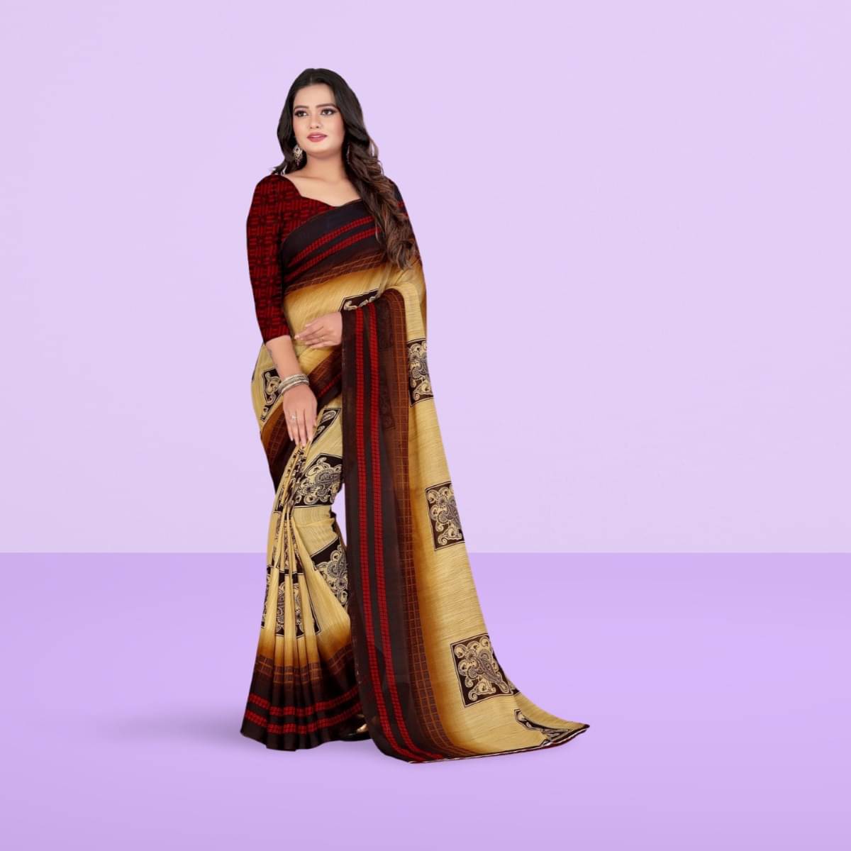Vibhagyaa Georgette Printed Saree With Unstitched Blouse Piece ( Beige ) Vibhagyaa Georgette Printed Saree With Unstitched Blouse Piece ( Beige )