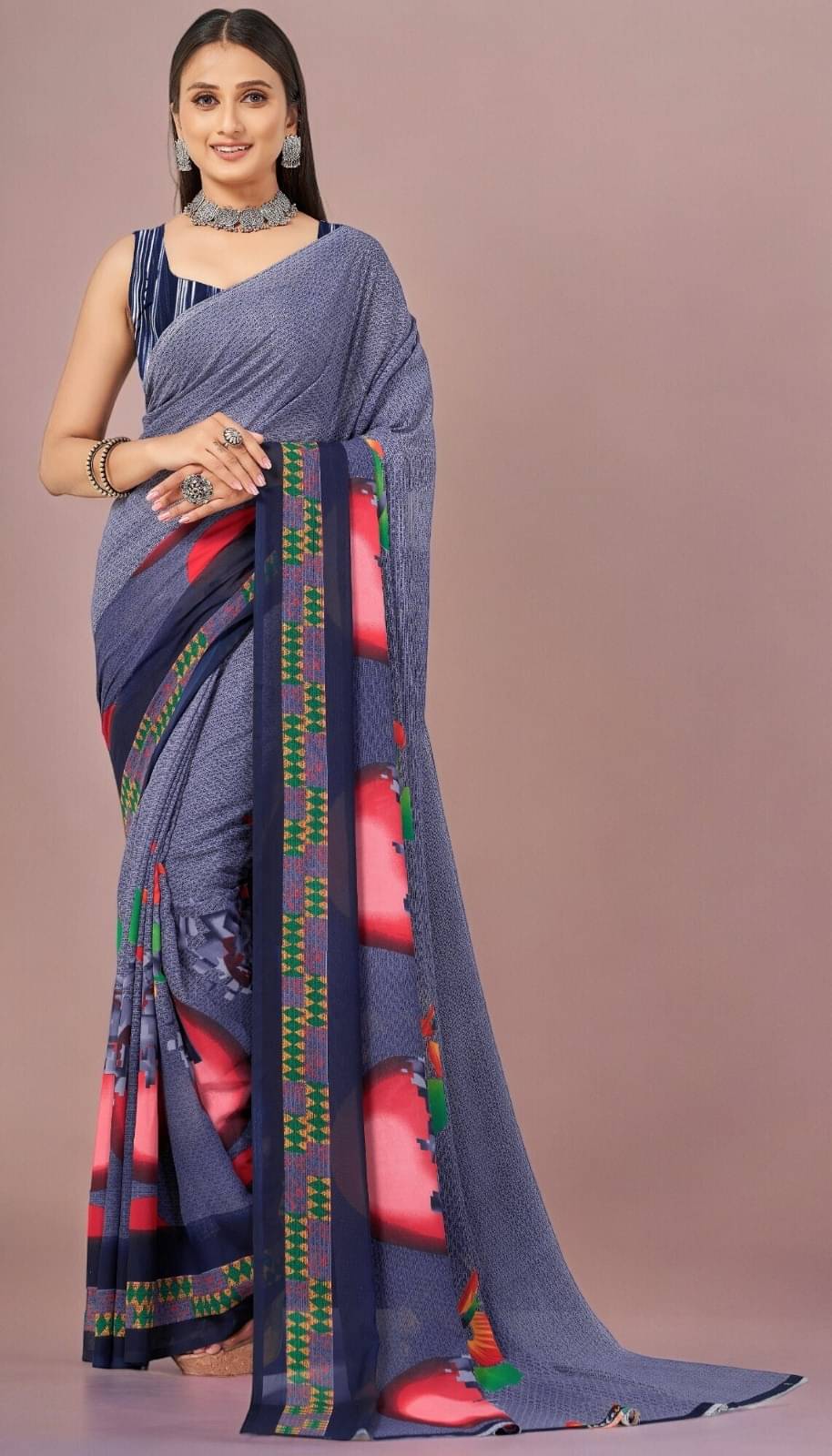     			Vibhagyaa Georgette Printed Saree With Unstitched Blouse Piece ( Light Blue )