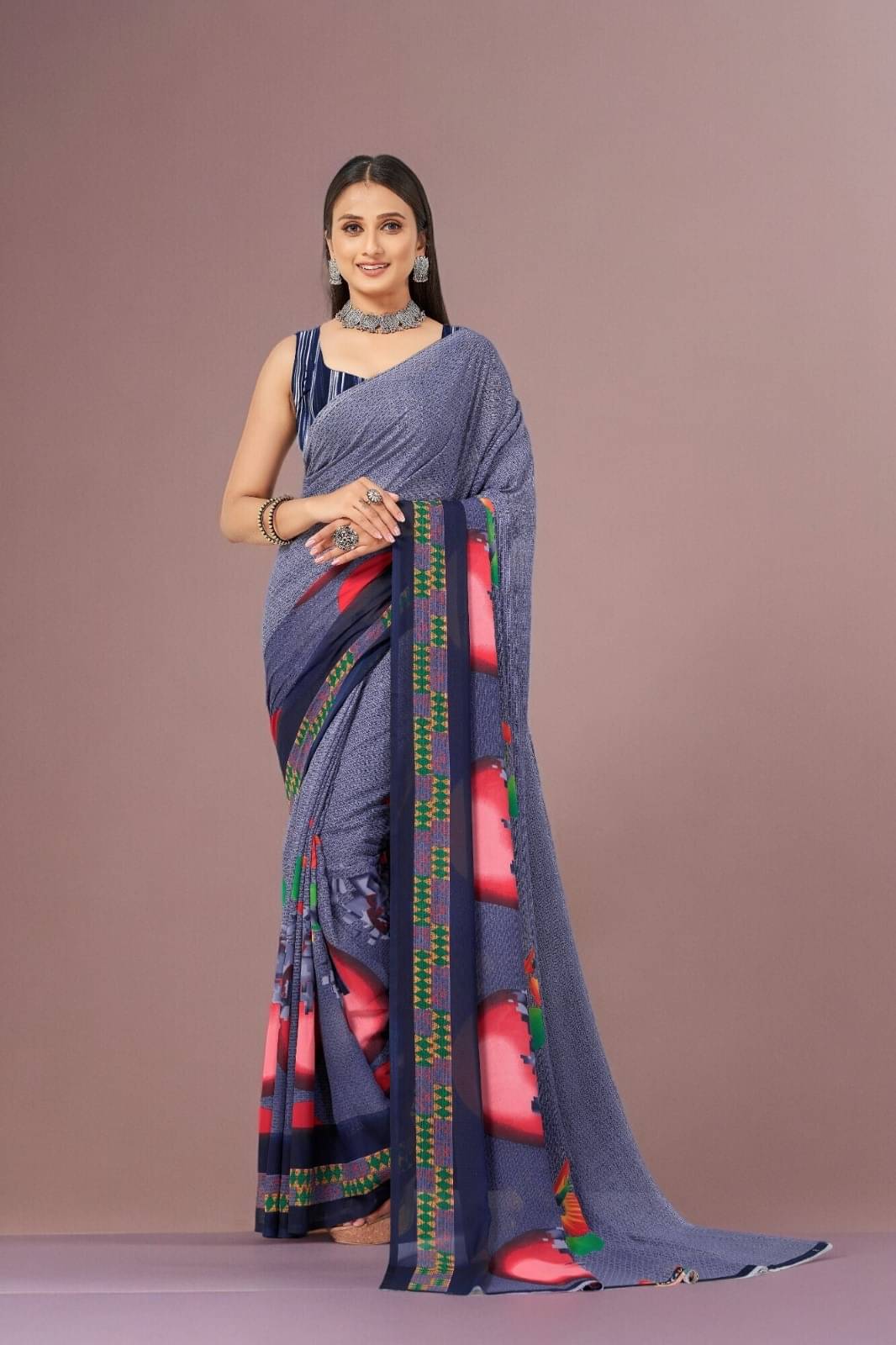 Vibhagyaa Georgette Printed Saree With Unstitched Blouse Piece ( Light Blue ) Vibhagyaa Georgette Printed Saree With Unstitched Blouse Piece ( Light Blue )