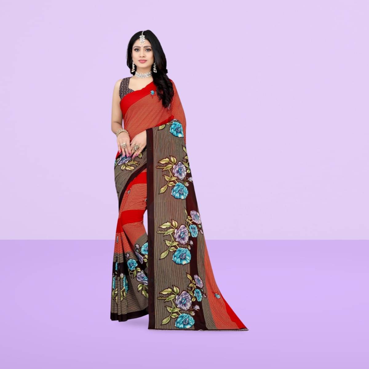     			Vibhagyaa Georgette Printed Saree With Unstitched Blouse Piece ( Orange )