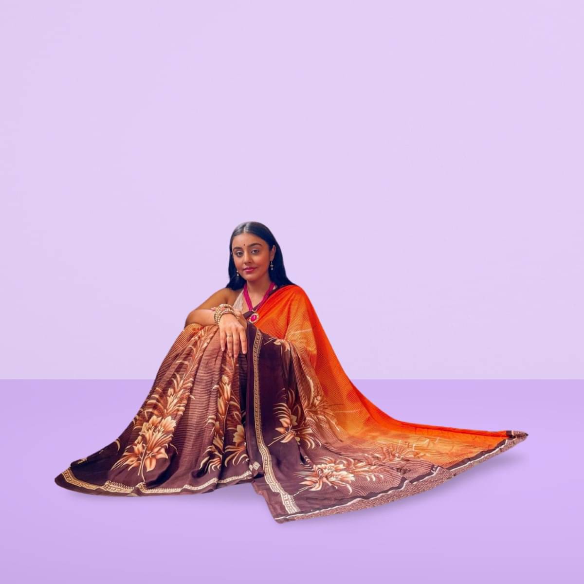     			Vibhagyaa Georgette Printed Saree With Unstitched Blouse Piece ( Orange )