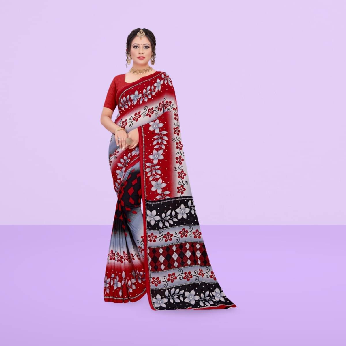 Vibhagyaa Georgette Printed Saree With Unstitched Blouse Piece ( Red )     			Vibhagyaa Georgette Printed Saree With Unstitched Blouse Piece ( Red )