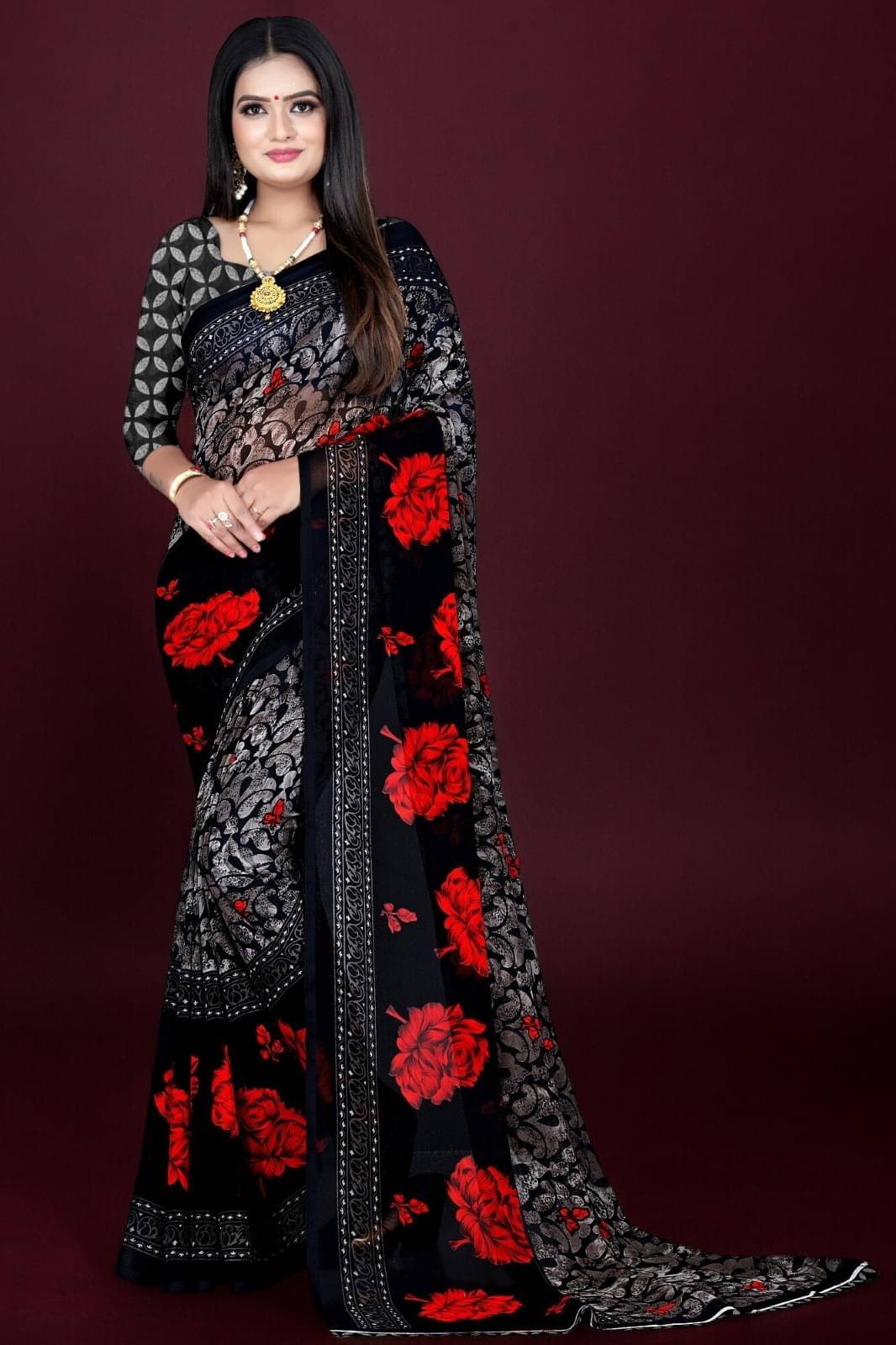 Vibhagyaa Georgette Printed Saree With Unstitched Blouse Piece ( Black ) Vibhagyaa Georgette Printed Saree With Unstitched Blouse Piece ( Black )