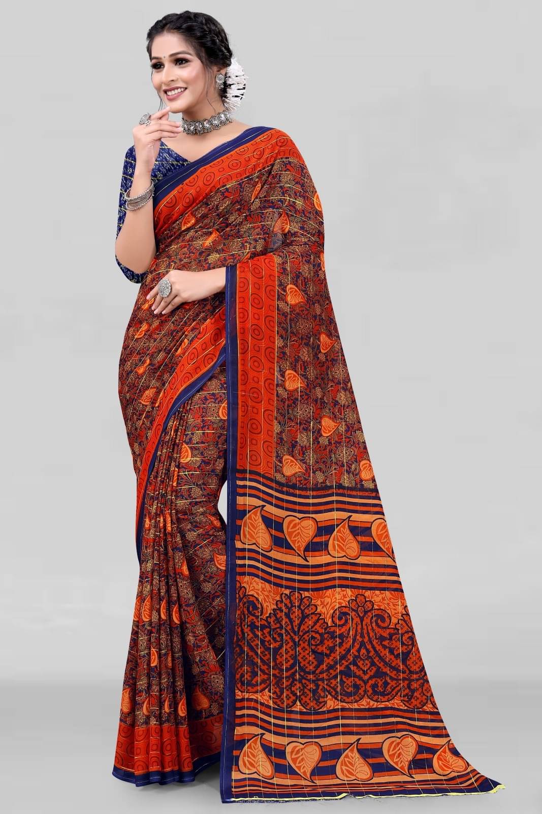 Vibhagyaa Georgette Printed Saree With Unstitched Blouse Piece ( Orange ) Vibhagyaa Georgette Printed Saree With Unstitched Blouse Piece ( Orange )