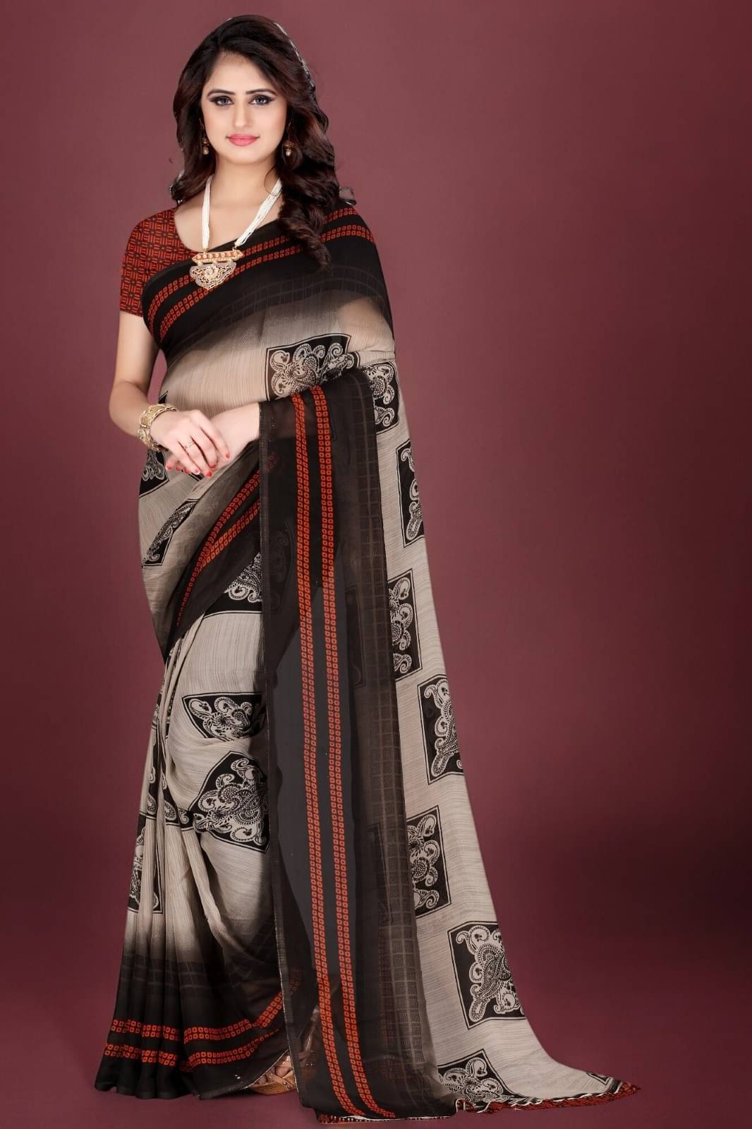 Vibhagyaa Georgette Printed Saree With Unstitched Blouse Piece ( Brown ) Vibhagyaa Georgette Printed Saree With Unstitched Blouse Piece ( Brown )