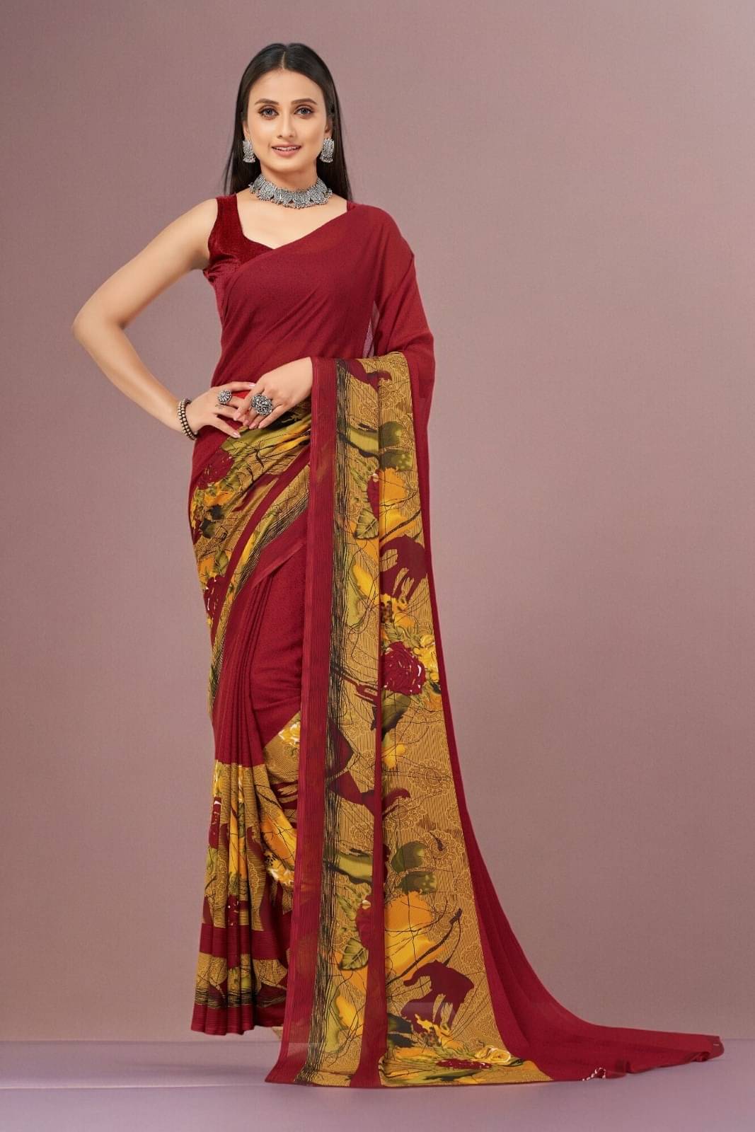 Vibhagyaa Georgette Printed Saree With Unstitched Blouse Piece ( Red ) Vibhagyaa Georgette Printed Saree With Unstitched Blouse Piece ( Red )