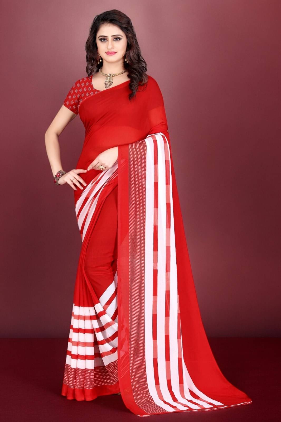     			Vibhagyaa Georgette Printed Saree With Unstitched Blouse Piece ( Red )